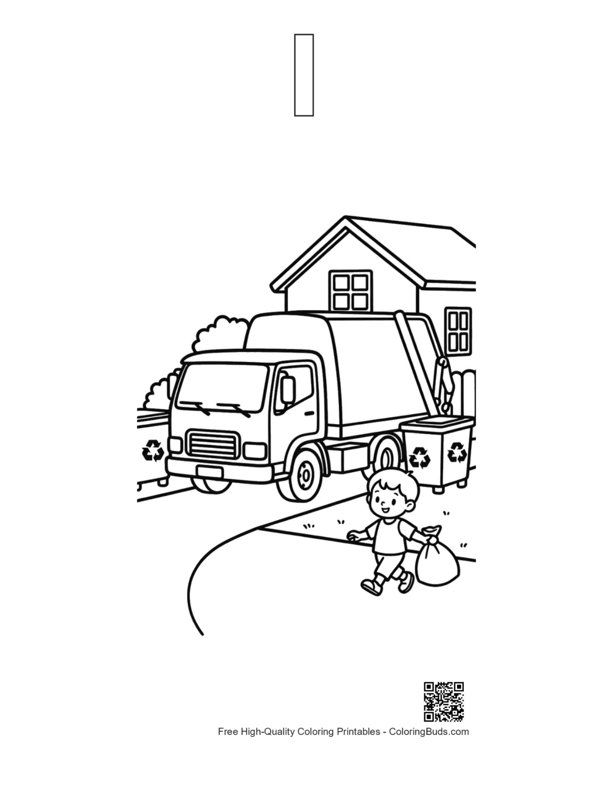 Recycling truck outline with alphabet I young boy printable