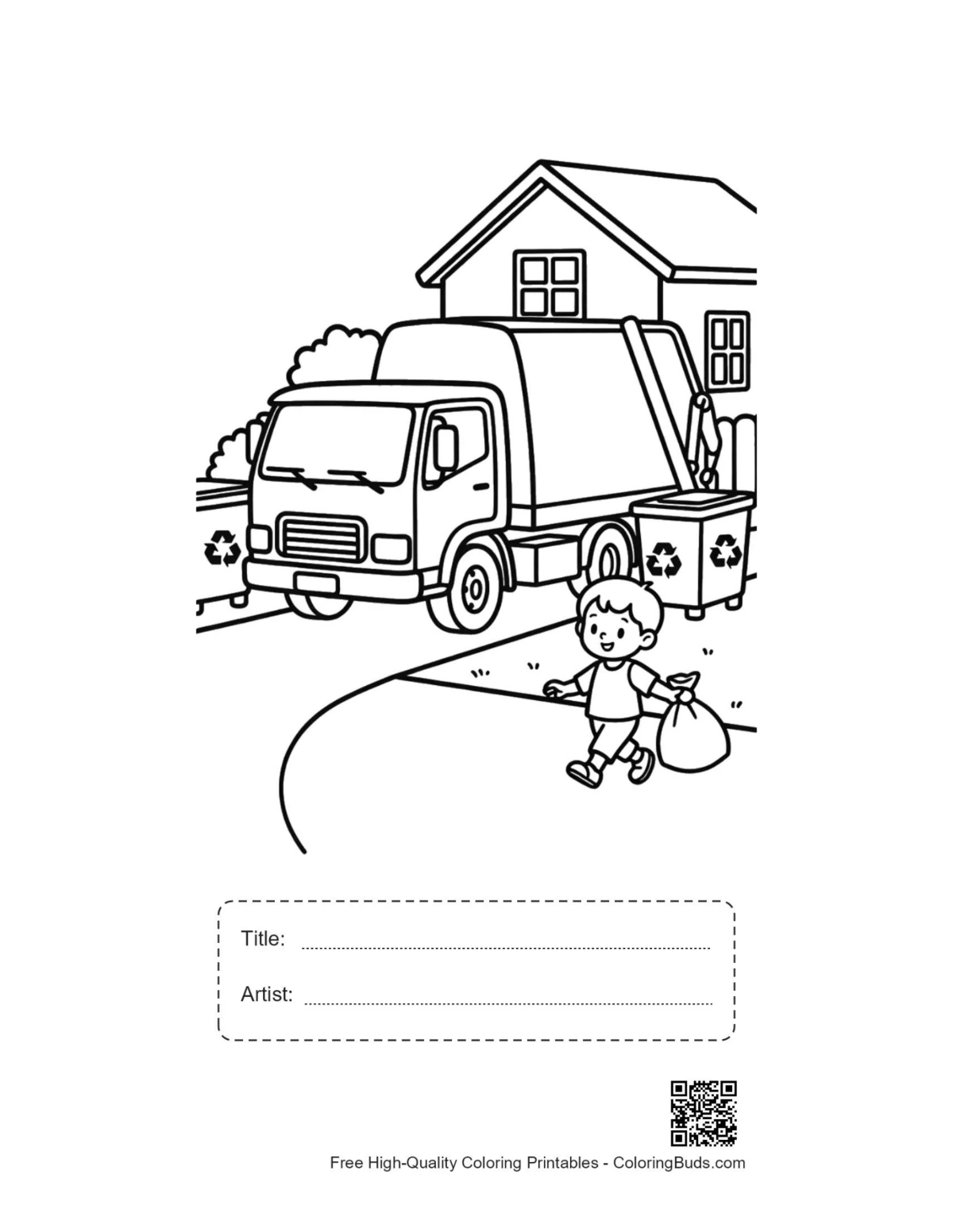 Recycling truck printable with title artist box coloring sheet