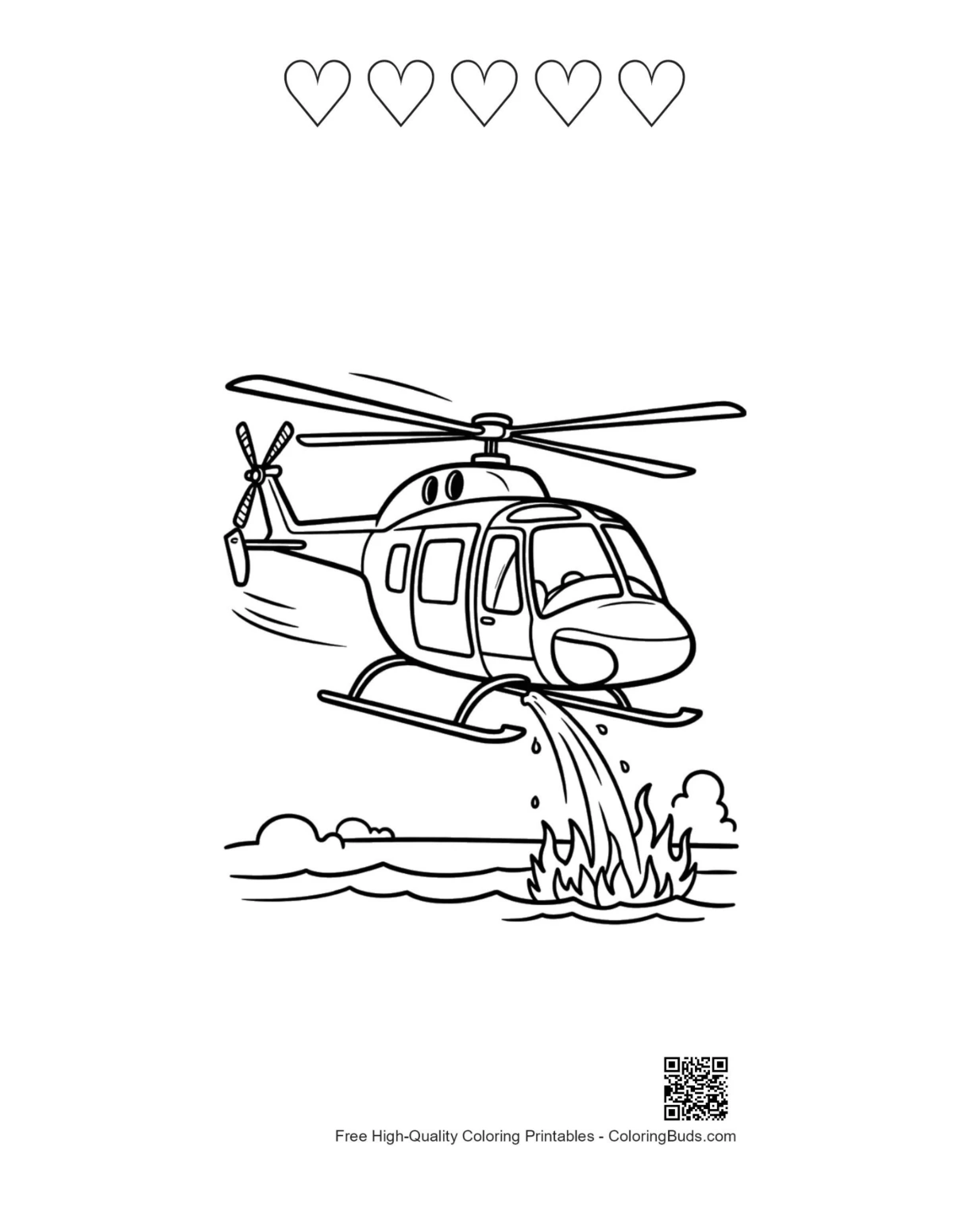 Firefighting helicopter with 5-heart outline printable