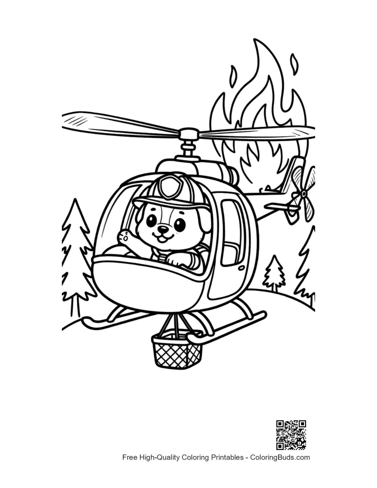 Bear pilot in rescue chopper over forest coloring page