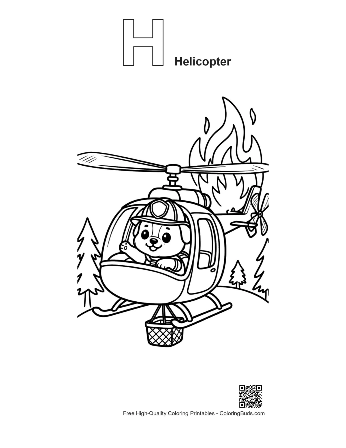 Outline bear pilot chopper with H alphabet coloring page