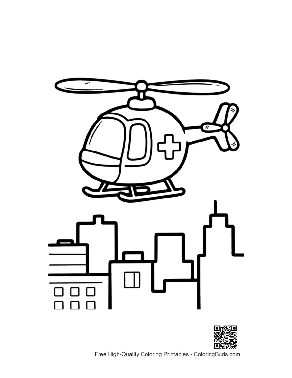 City emergency helicopter coloring page near skyscrapers