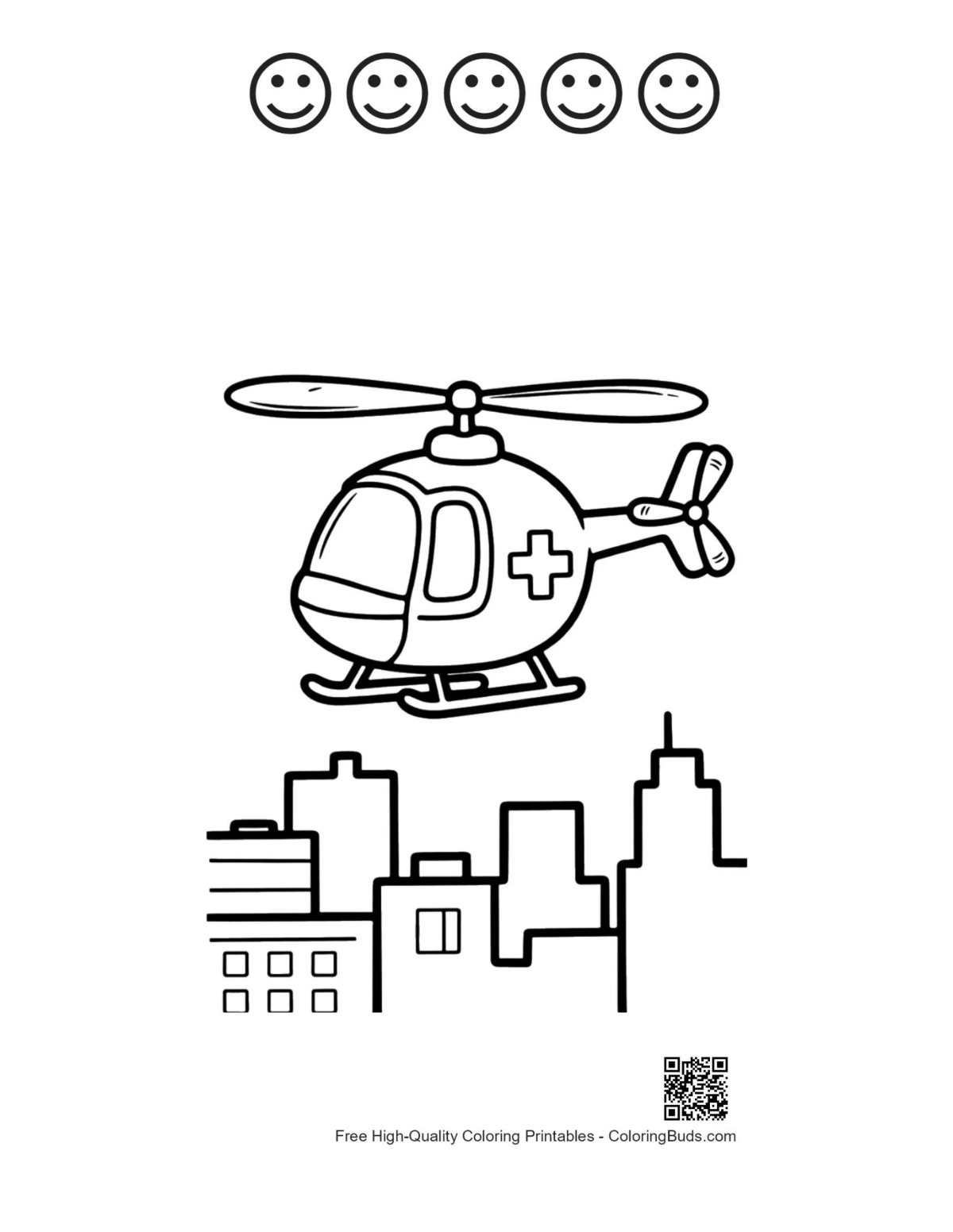 Rescue helicopter near skyscrapers with happy faces
