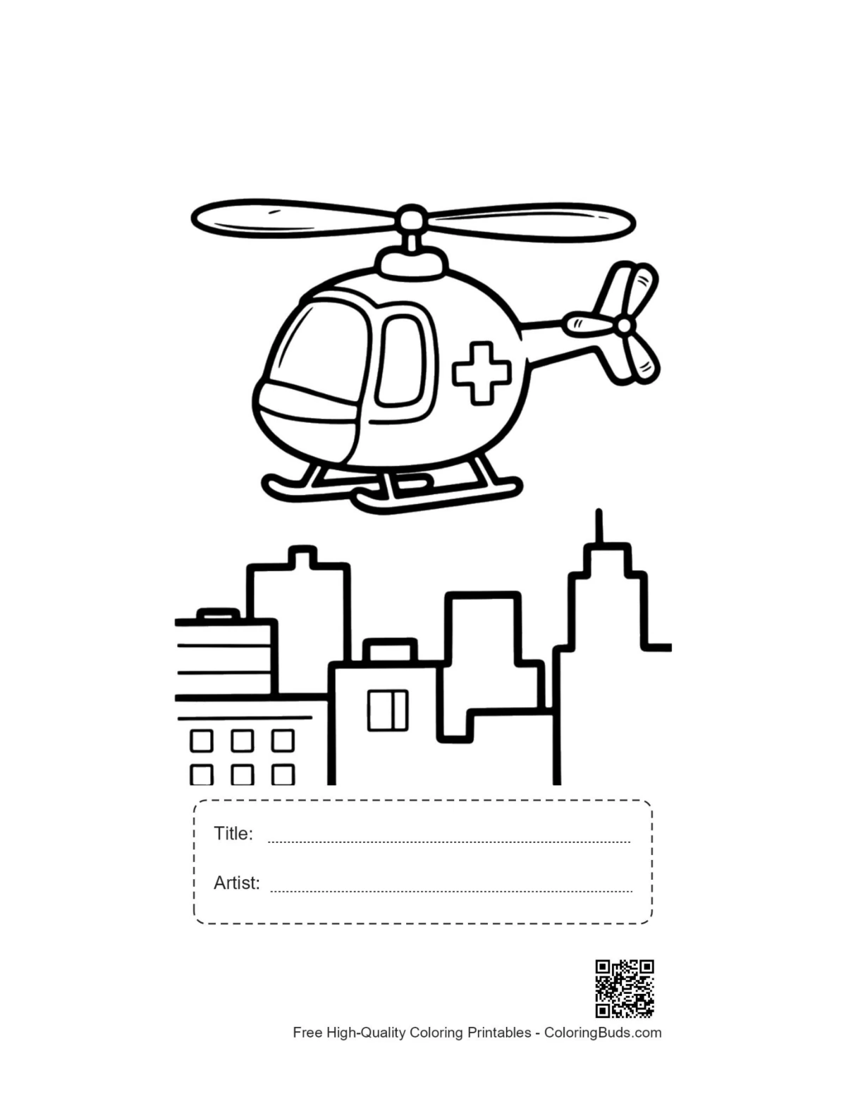 Rescue Chopper printable with title box near skyscrapers