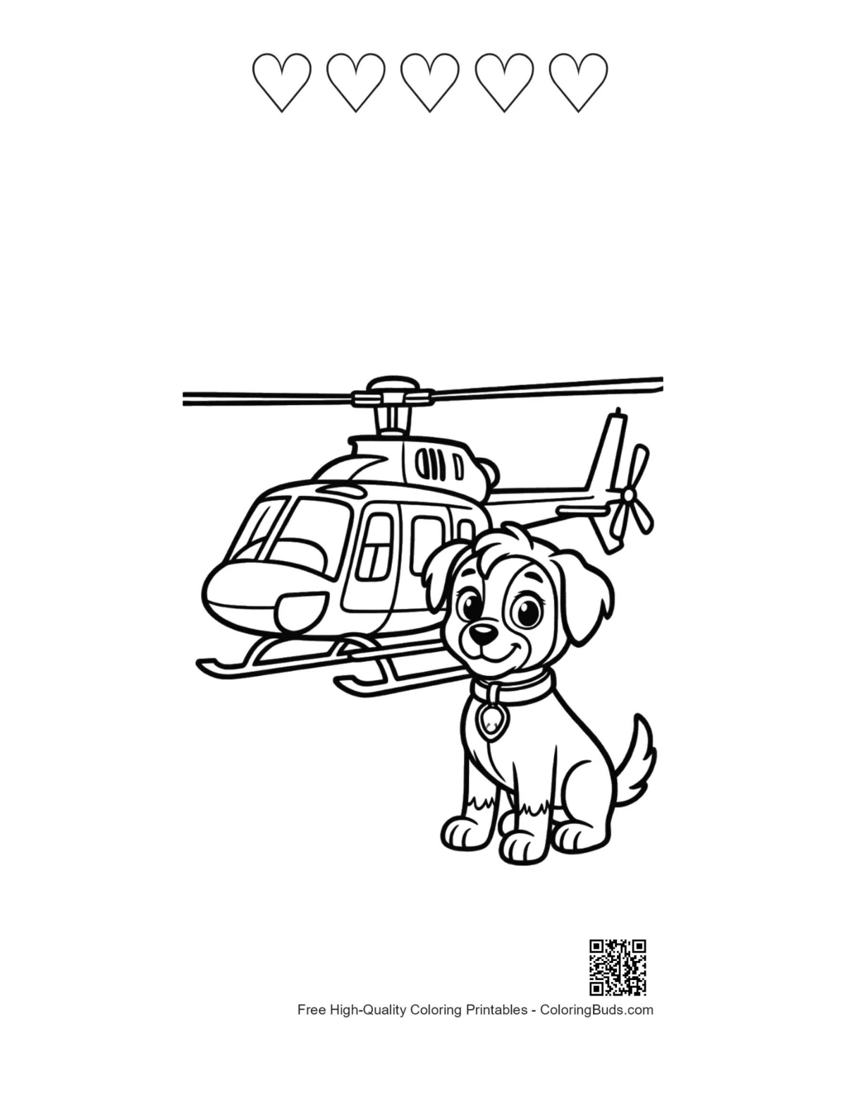 Cute puppy helicopter printable with heart outlines