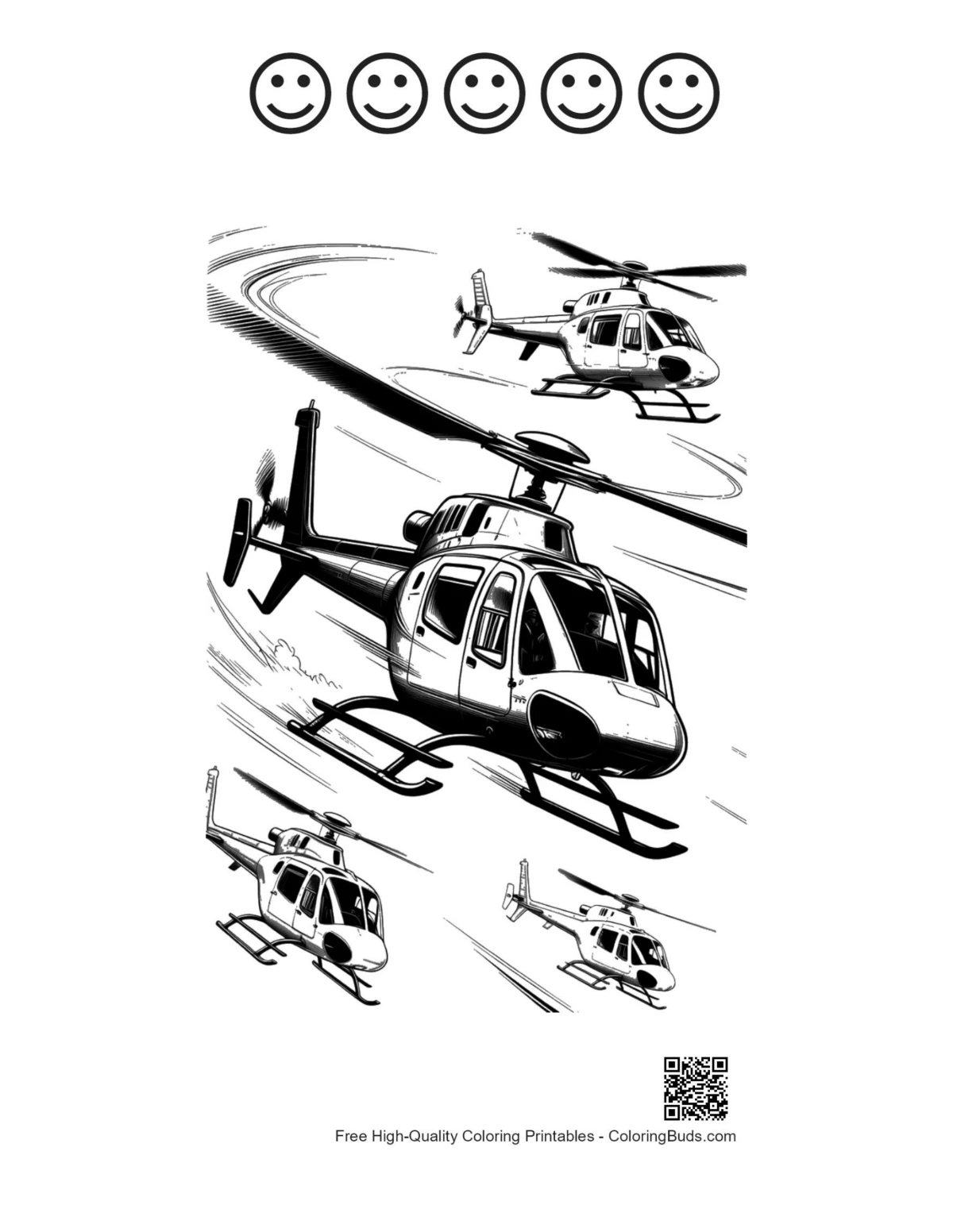 Rescue choppers and happy faces outline sheet