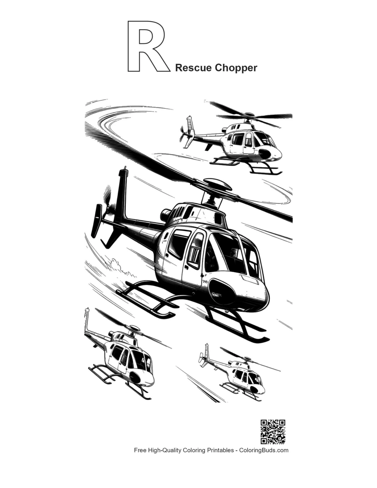 Rescue chopper outline with alphabet R coloring page