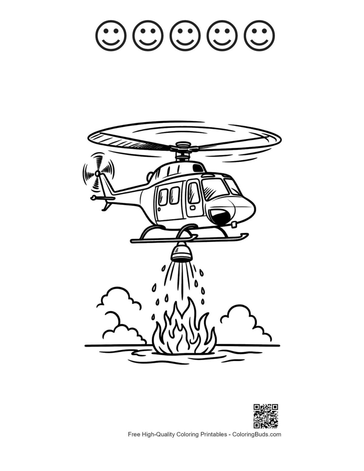 Firefighting chopper with 5 happy faces outline printable