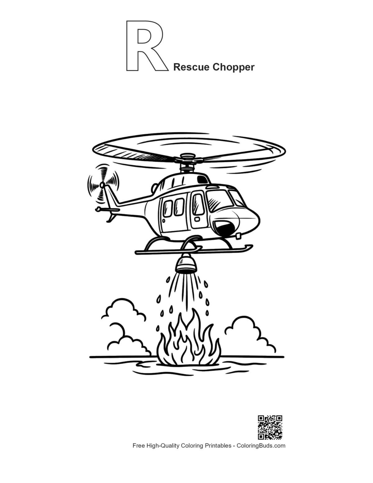 Outline alphabet R Rescue Chopper firefighting printable