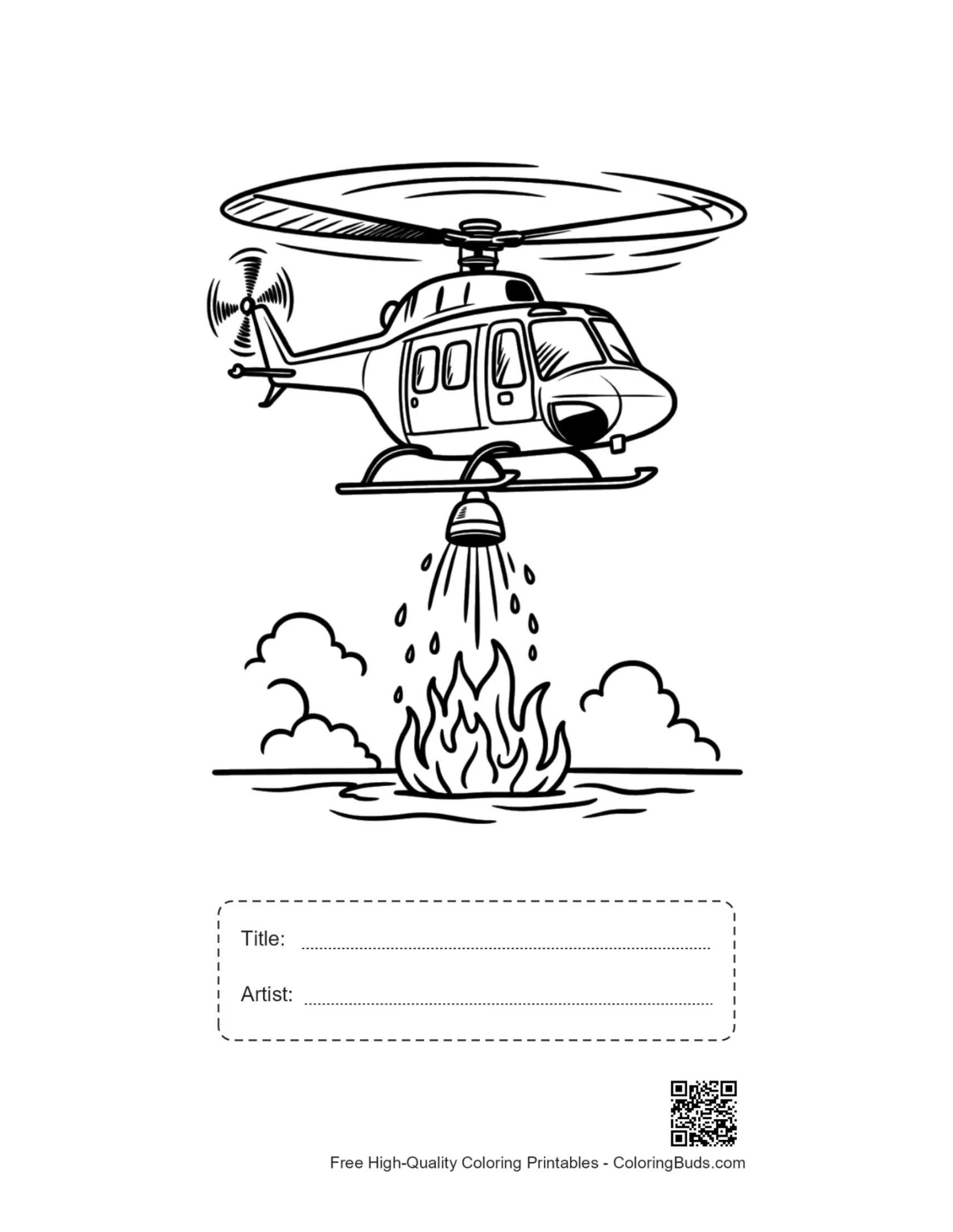Firefighting helicopter printable with title artist box