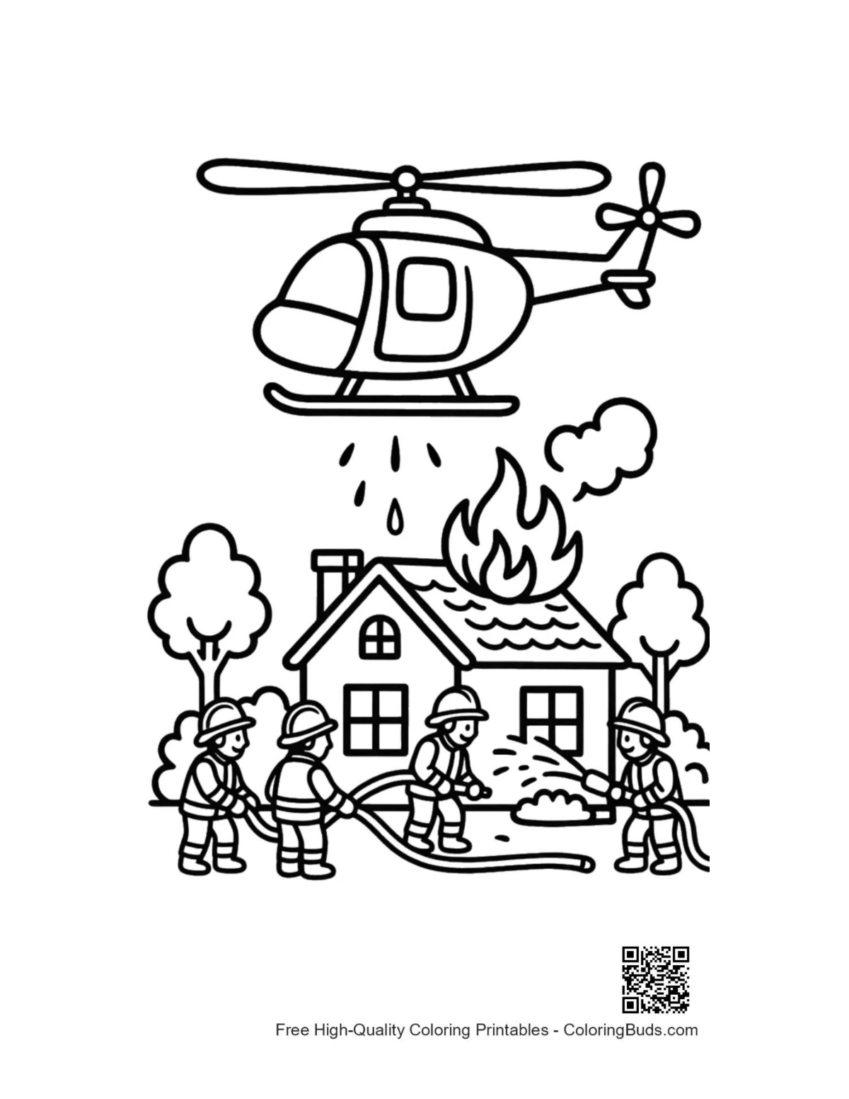 Firefighting helicopter saving burning house coloring page