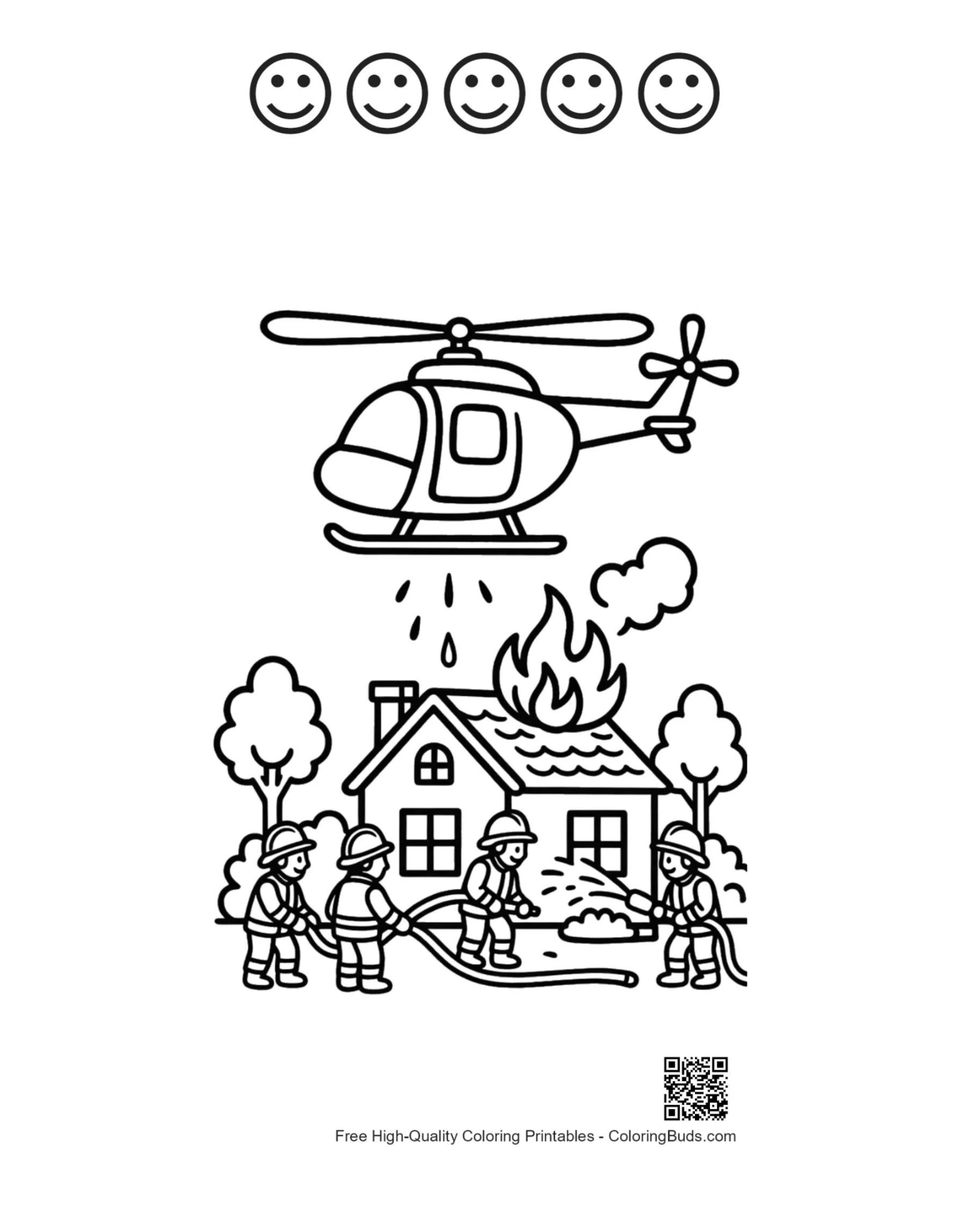 Helicopter rescue coloring with 5 happy faces