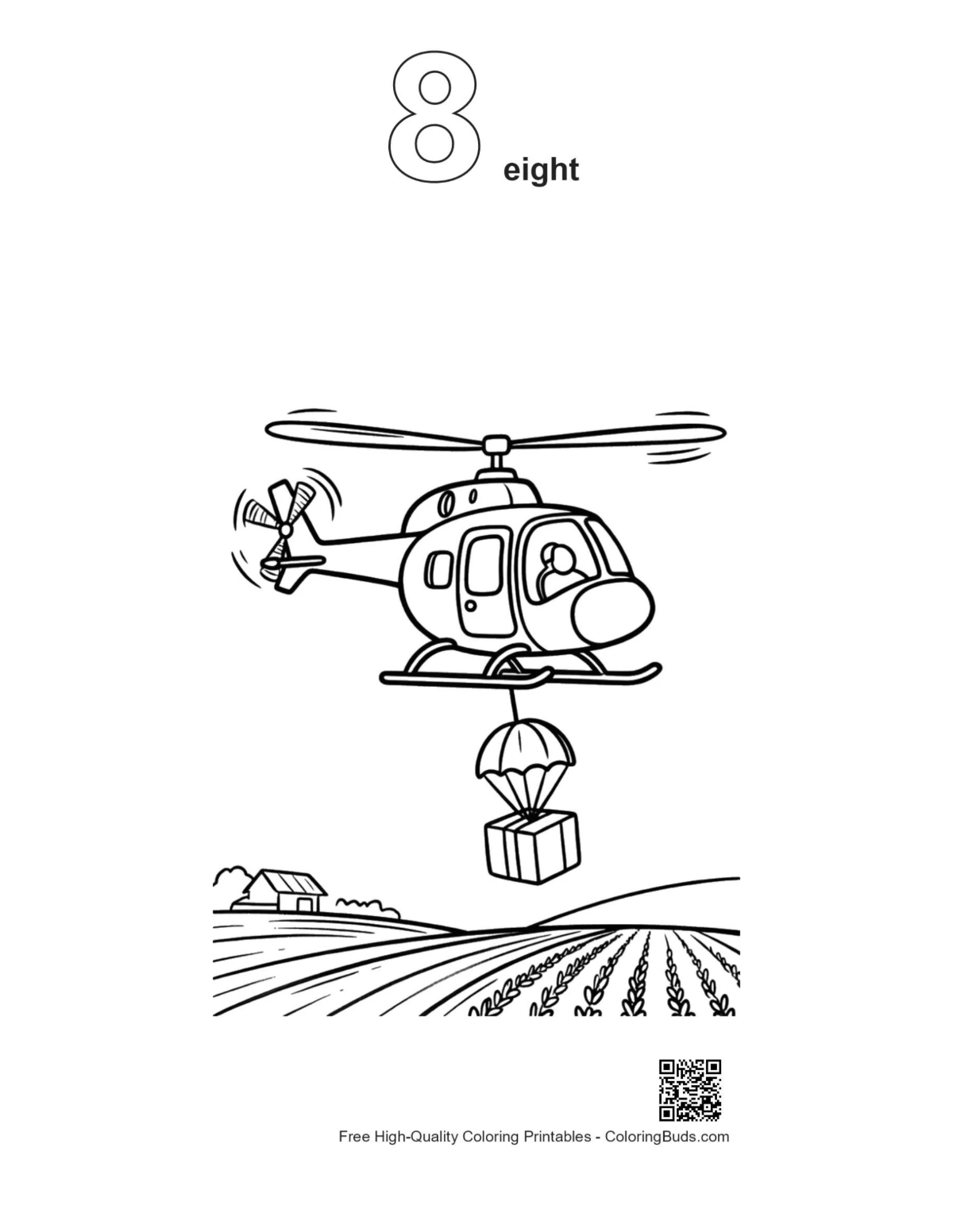 Number 8 outline helicopter parachute coloring sheet