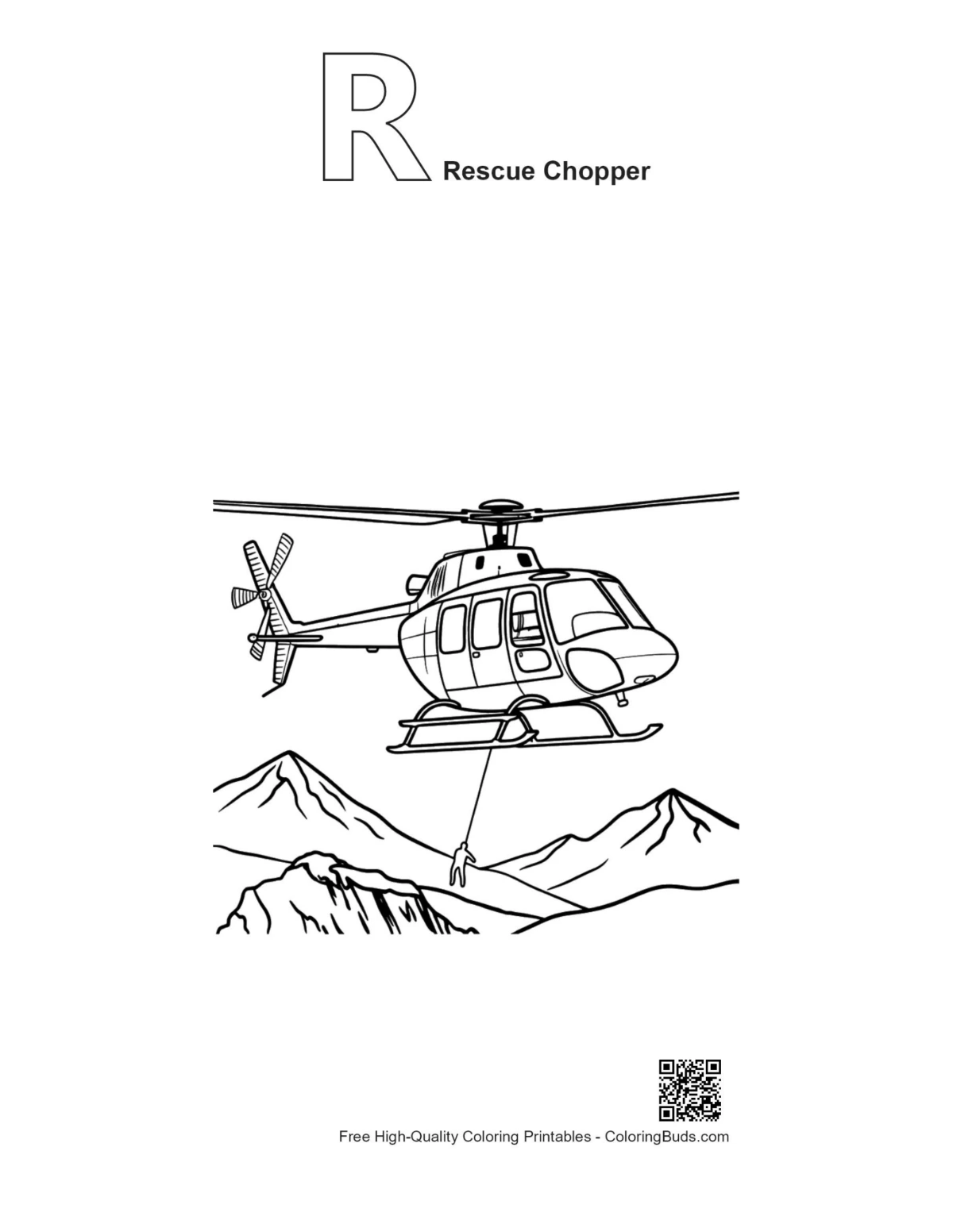 Outline R for Rescue Chopper mountain mission printable