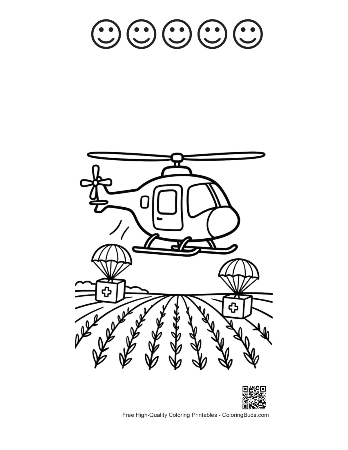 Rescue chopper coloring sheet with 5 happy face outlines