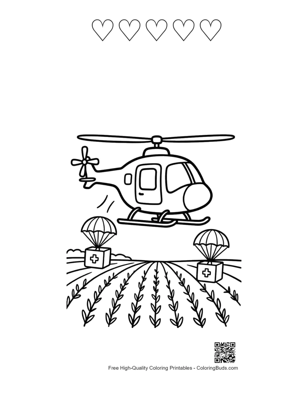 Rescue chopper page with five heart outlines printable