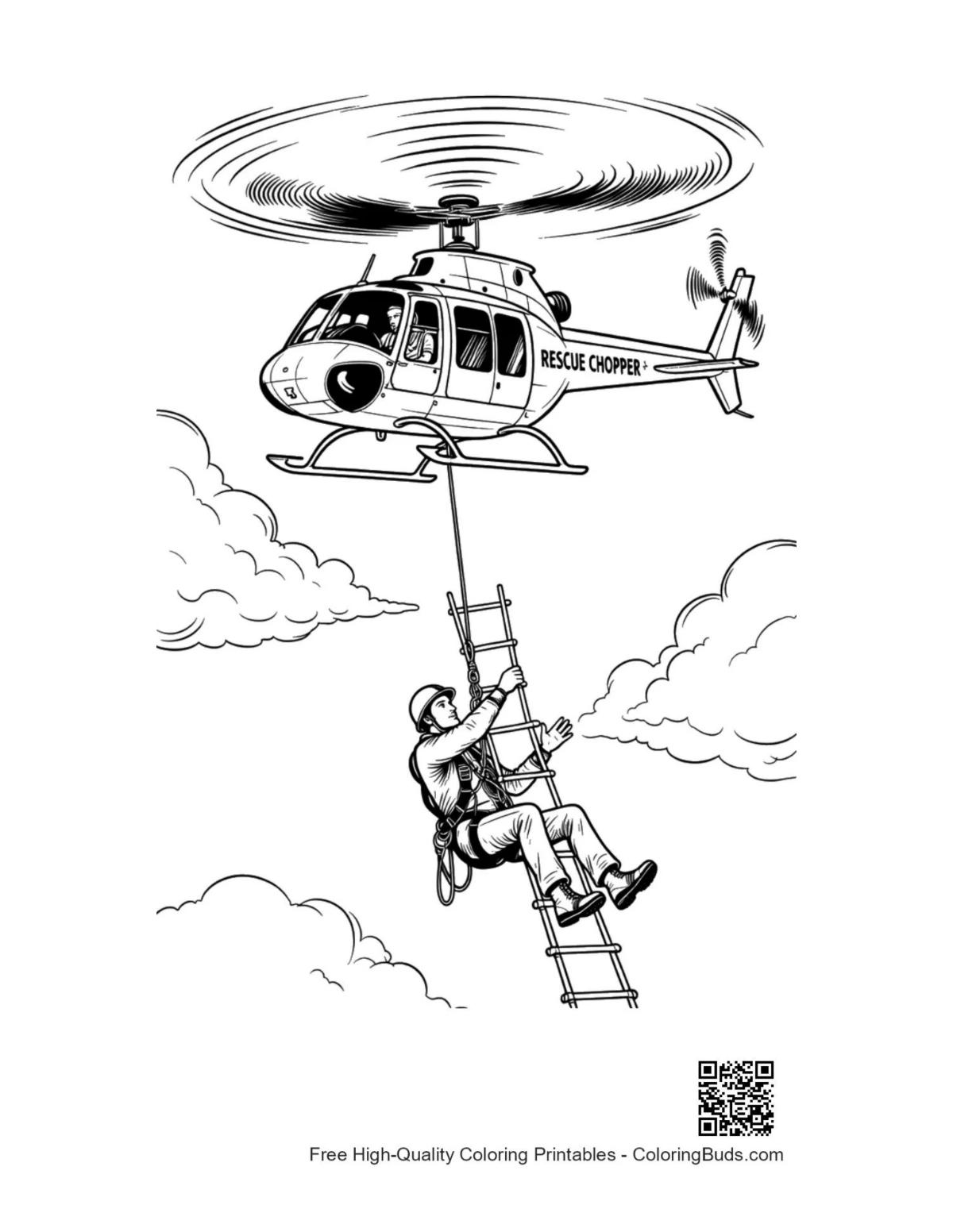 Rescue chopper lowering climber coloring page