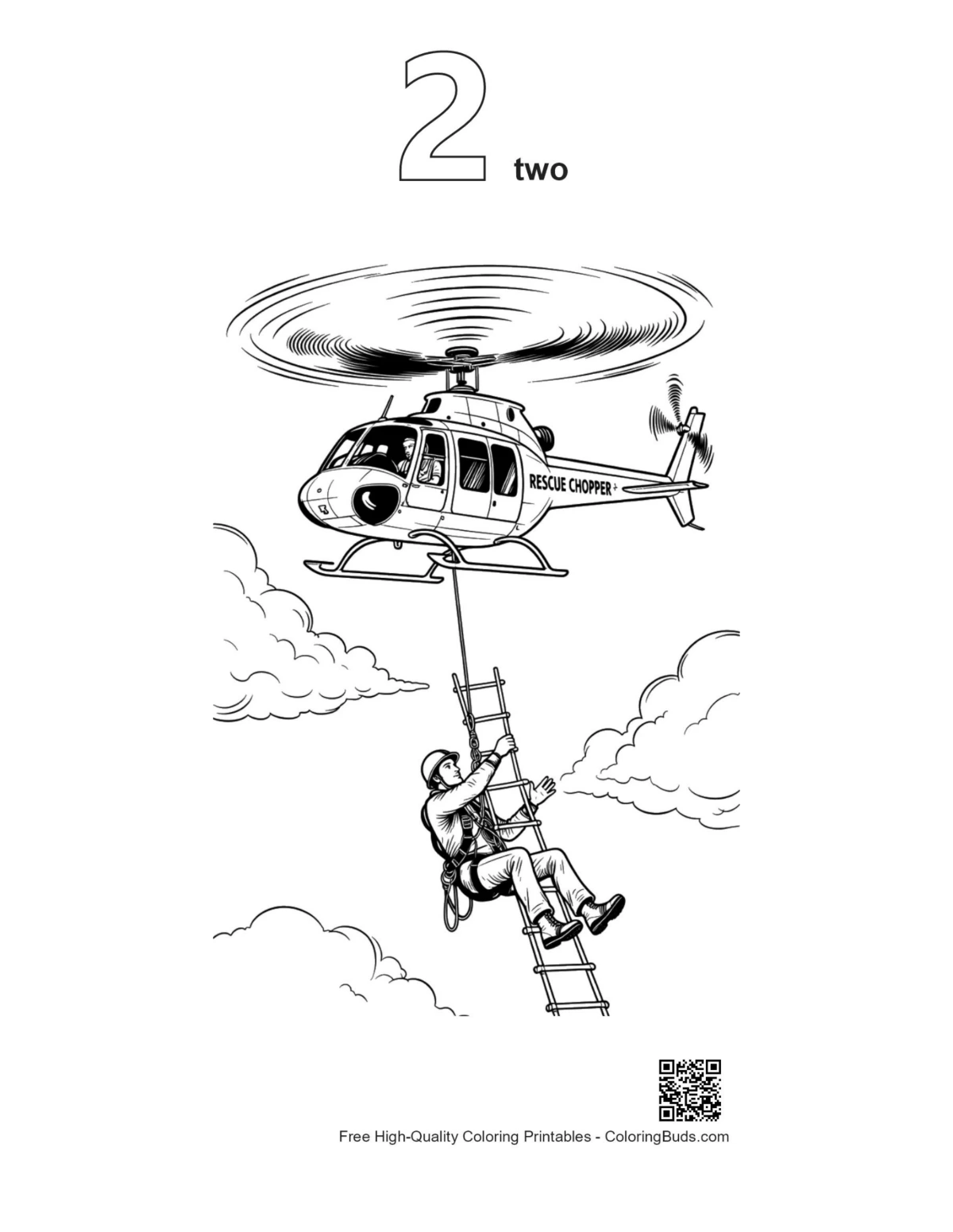 Numbered outline rescue chopper climber coloring page