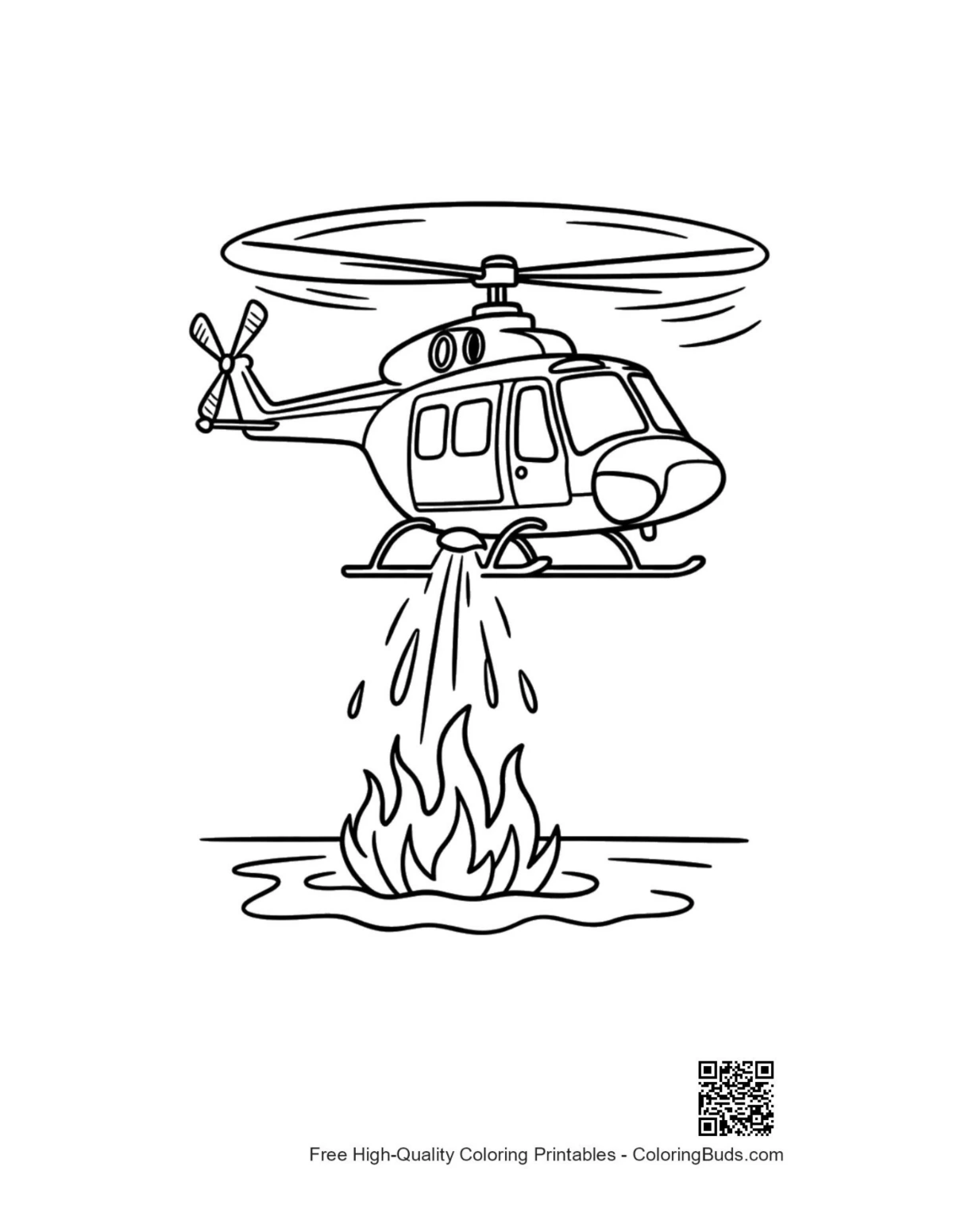 Rescue chopper pouring water on fire printable