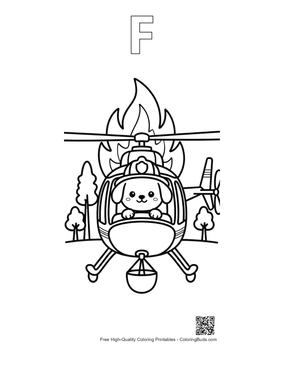 Forest fire helicopter coloring page with F outline