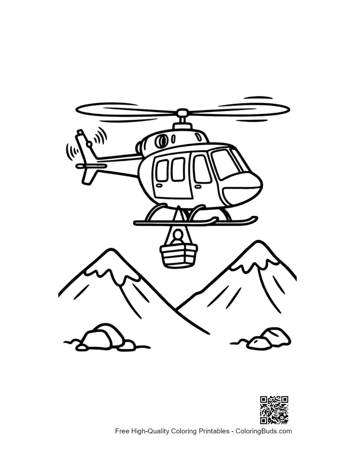 Rescue helicopter flying high mountains printable coloring page