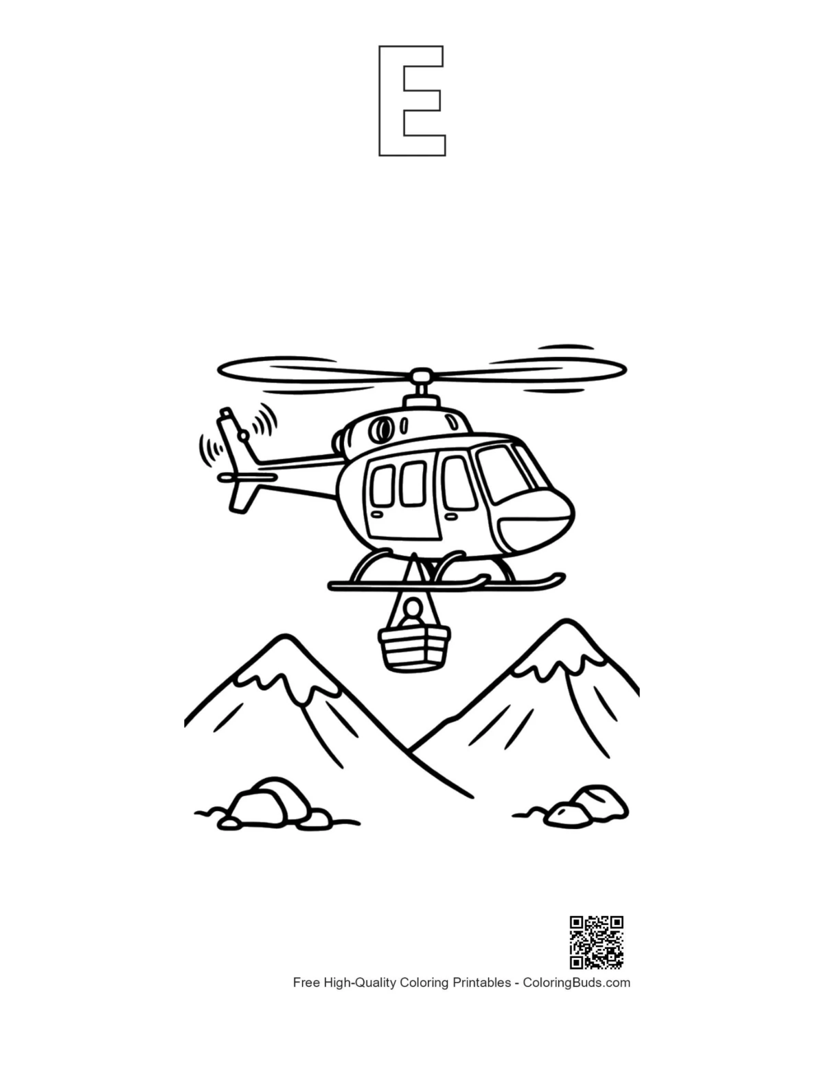 Rescue helicopter outline alphabet E mountains printable sheet