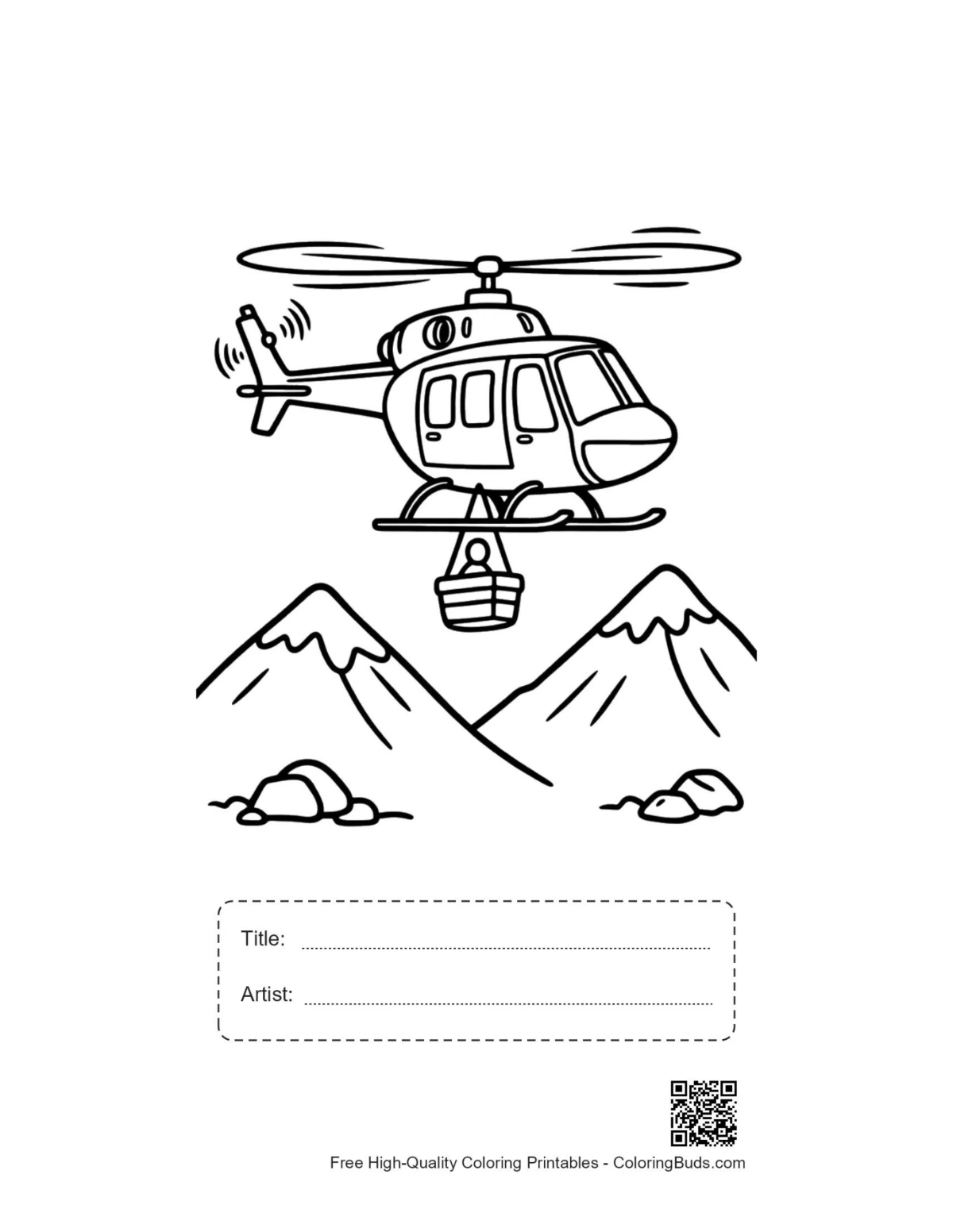 Rescue chopper printable with title artist box mountains view