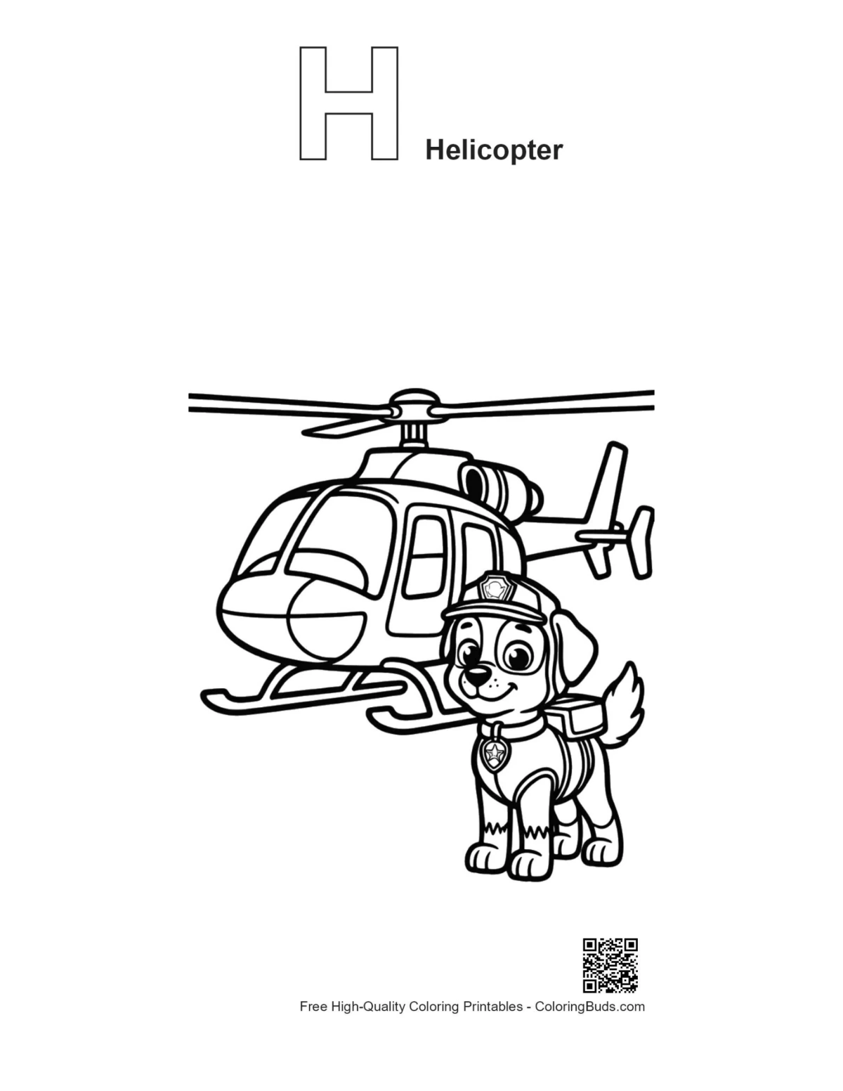 Puppy and helicopter outline with alphabet H printable