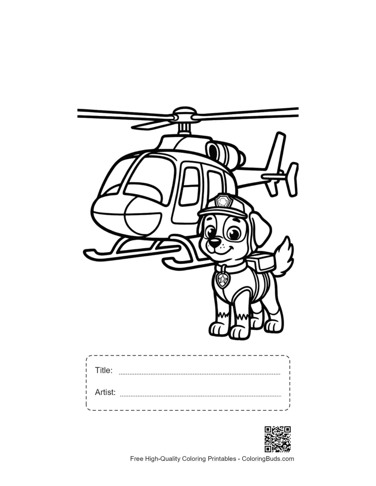 Puppy guarding helicopter printable with title box