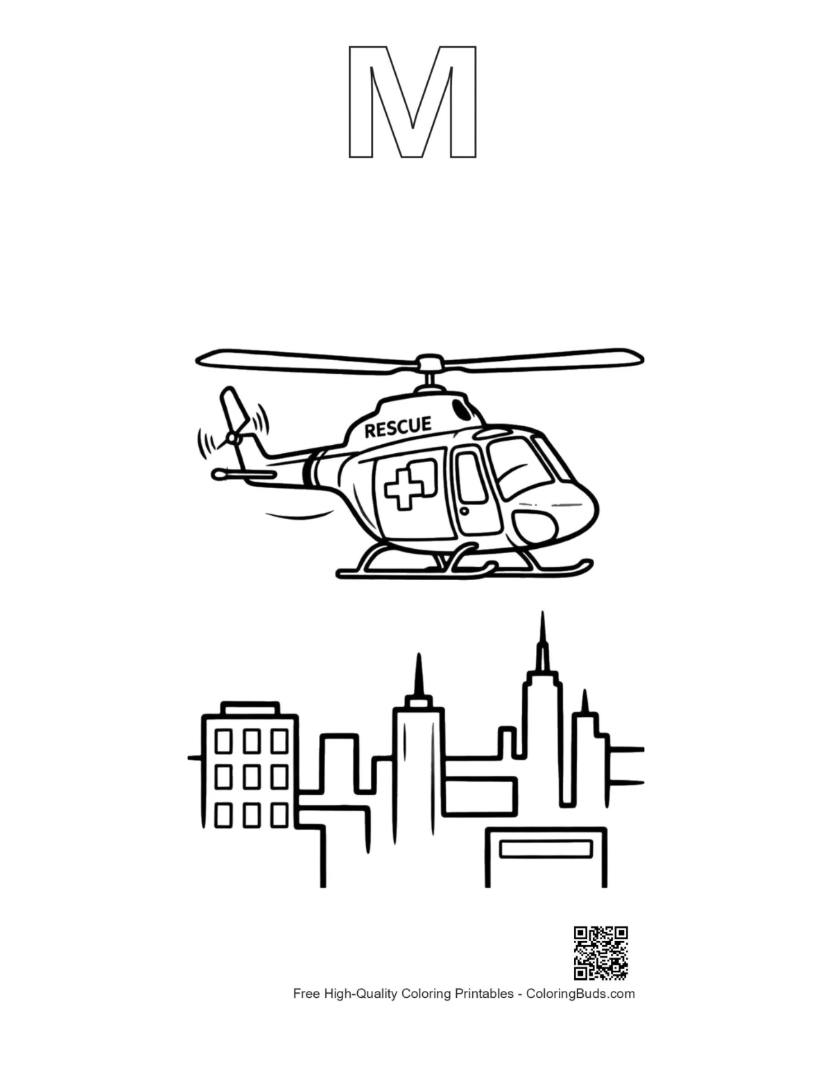 Helicopter coloring page outline with alphabet M