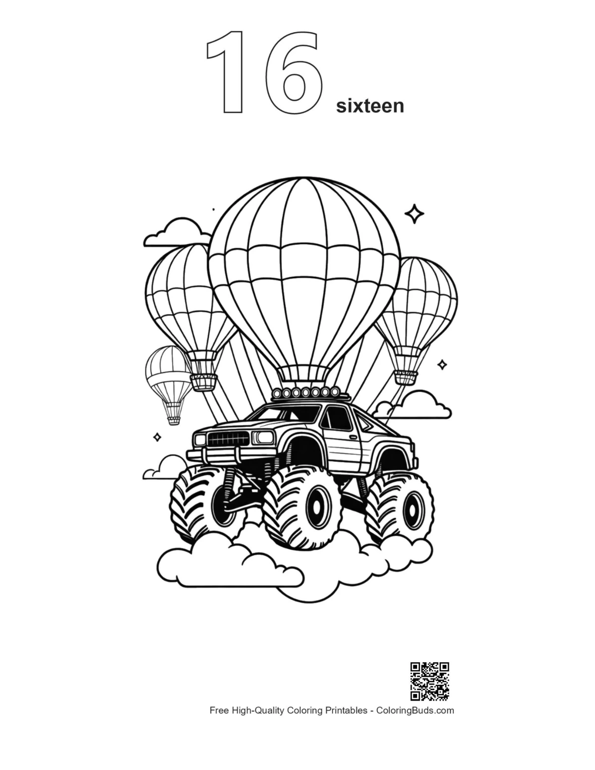 Monster truck aerial outline numbered 16 printable page