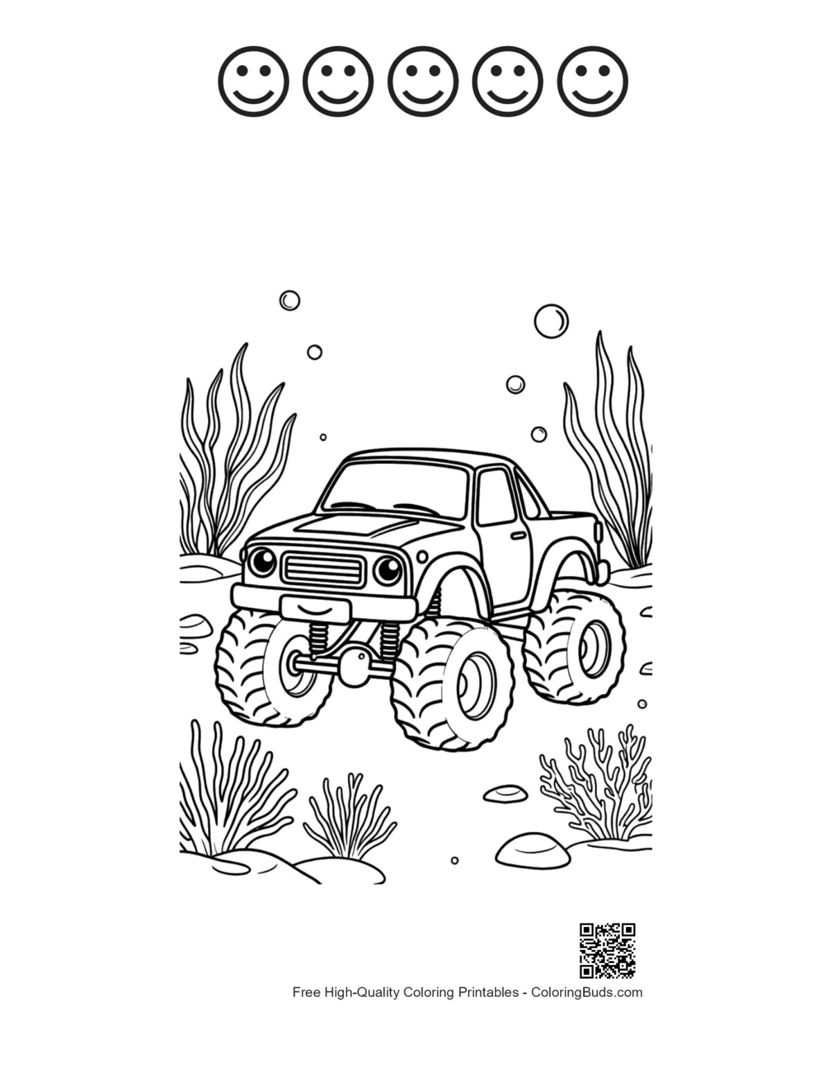 Aquatic truck bubbles with 5 happy face outlines printable