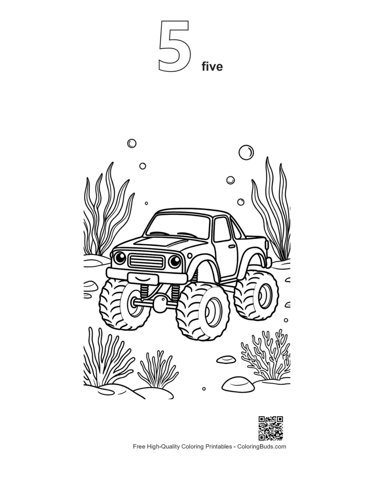 Aquatic monster truck bubbles outline number 5 printable