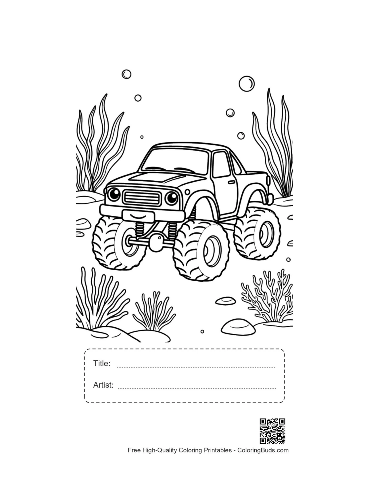 Aquatic monster truck printable with title artist box