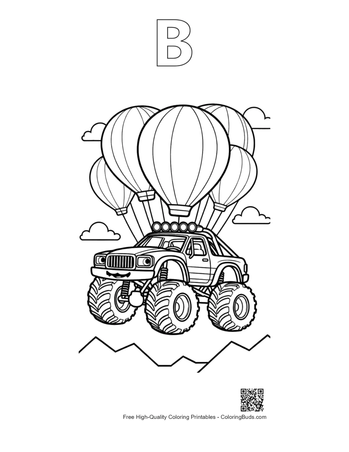 Big wheels outline alphabet B coloring page printable