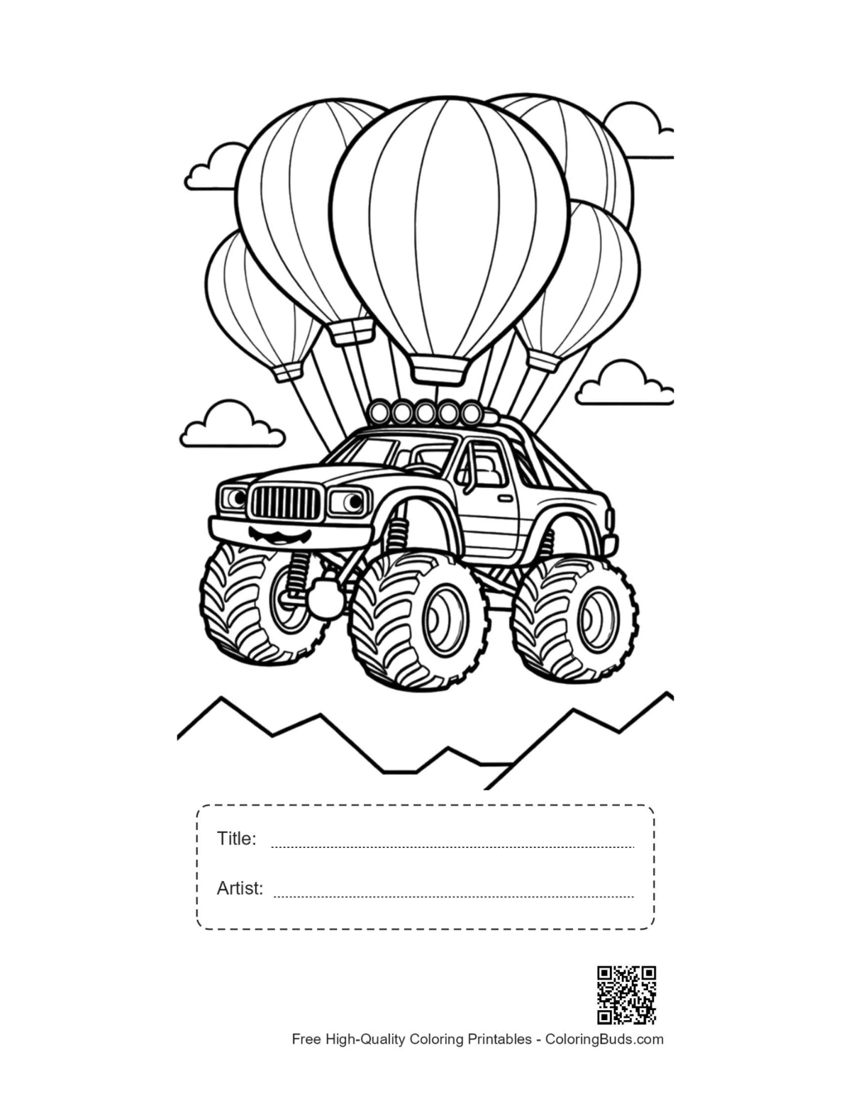 Big wheels coloring page with title artist box printable