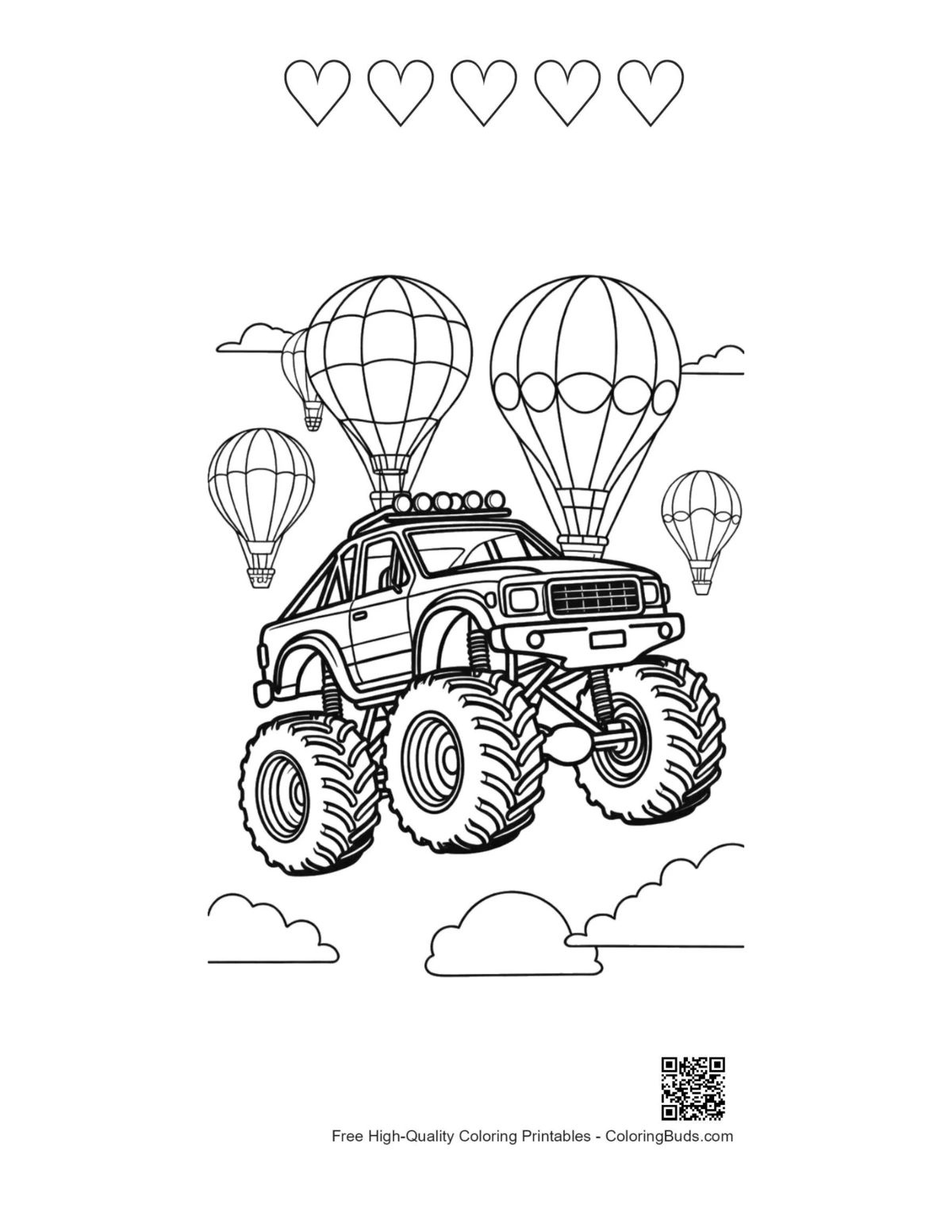 Big Wheels printable with 5 heart outlines
