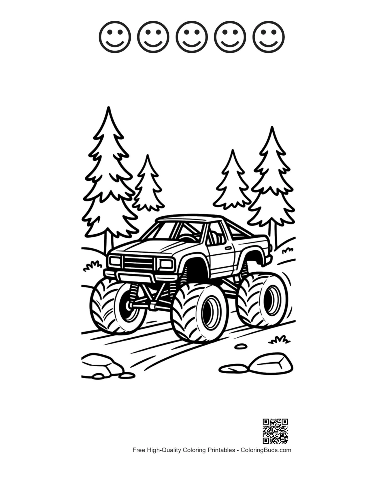 Cute Big Wheels and 5 happy faces outline printable