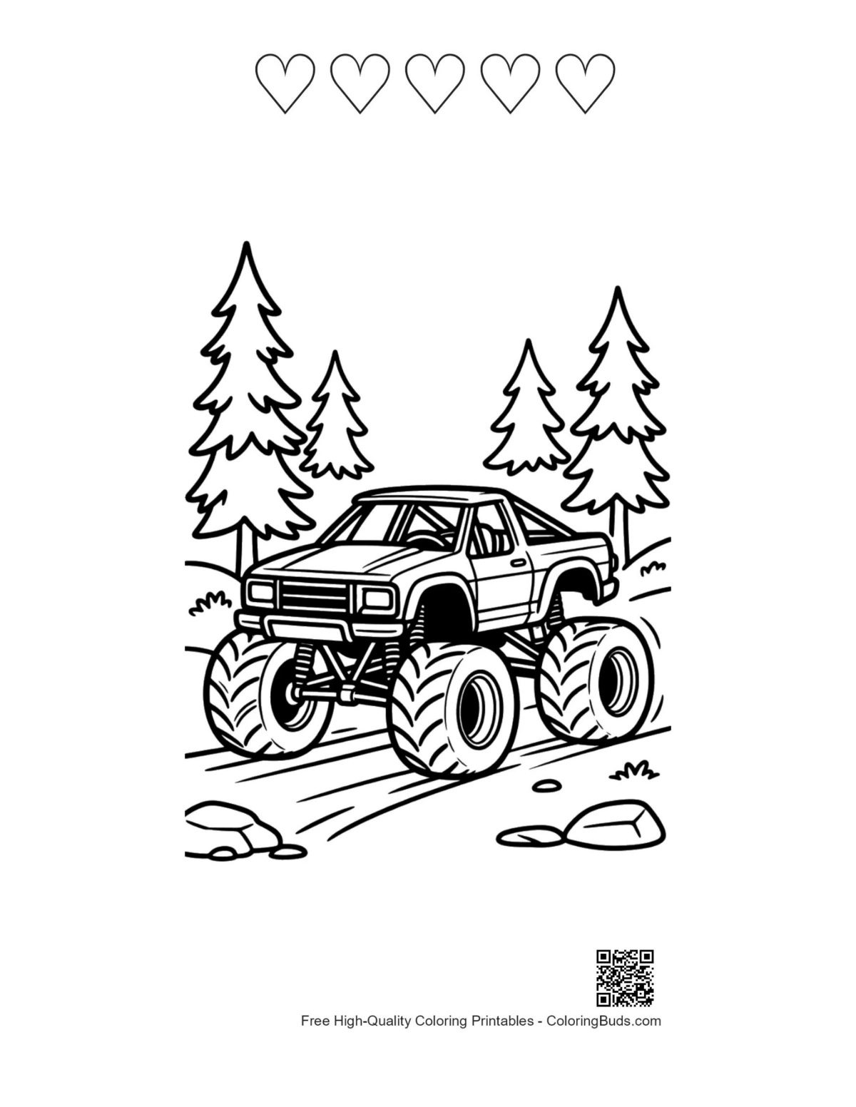 Cute Big Wheels printable with 5 heart outlines