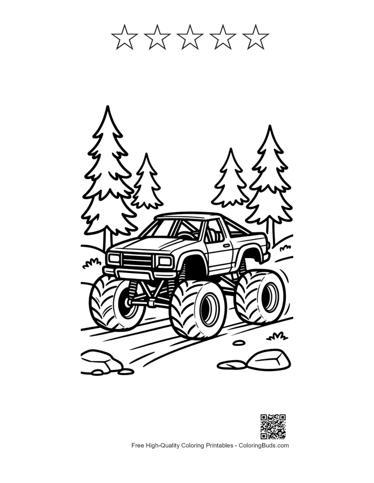 Cute Big Wheels with 5 star outlines coloring sheet