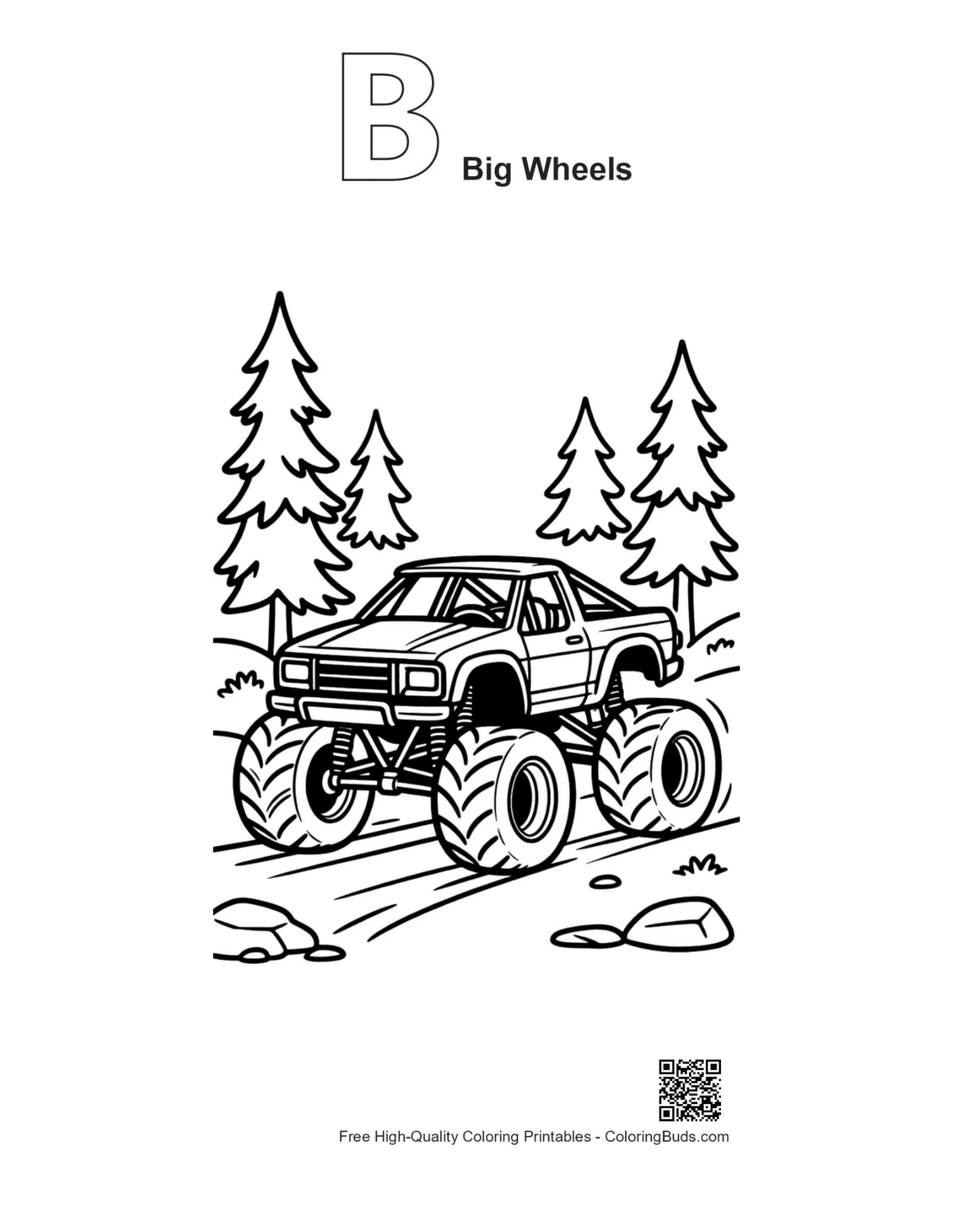 Alphabet B Big Wheels outline printable coloring page