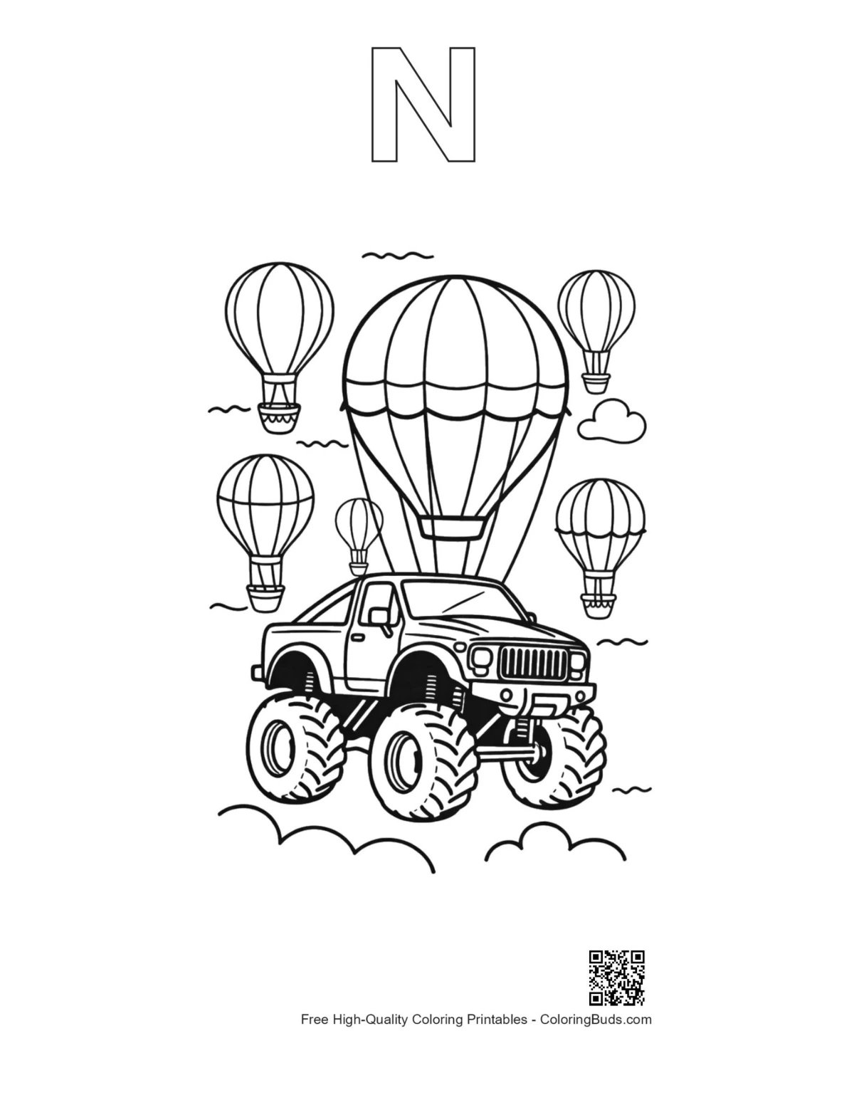 Big Wheels coloring outline with alphabet N