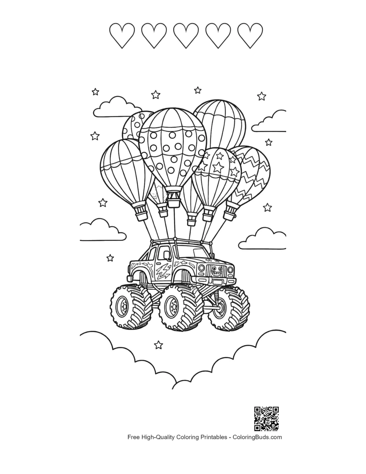 Printable Big Wheels sheet with heart outlines