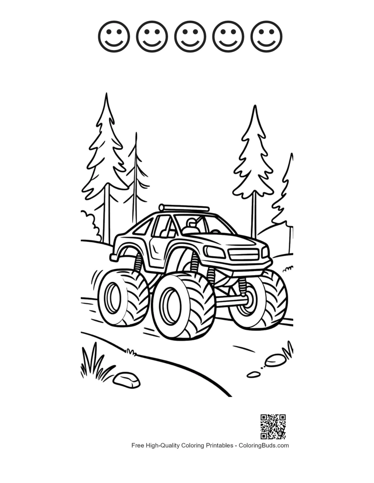 Big Wheels coloring page with 5 happy faces outline