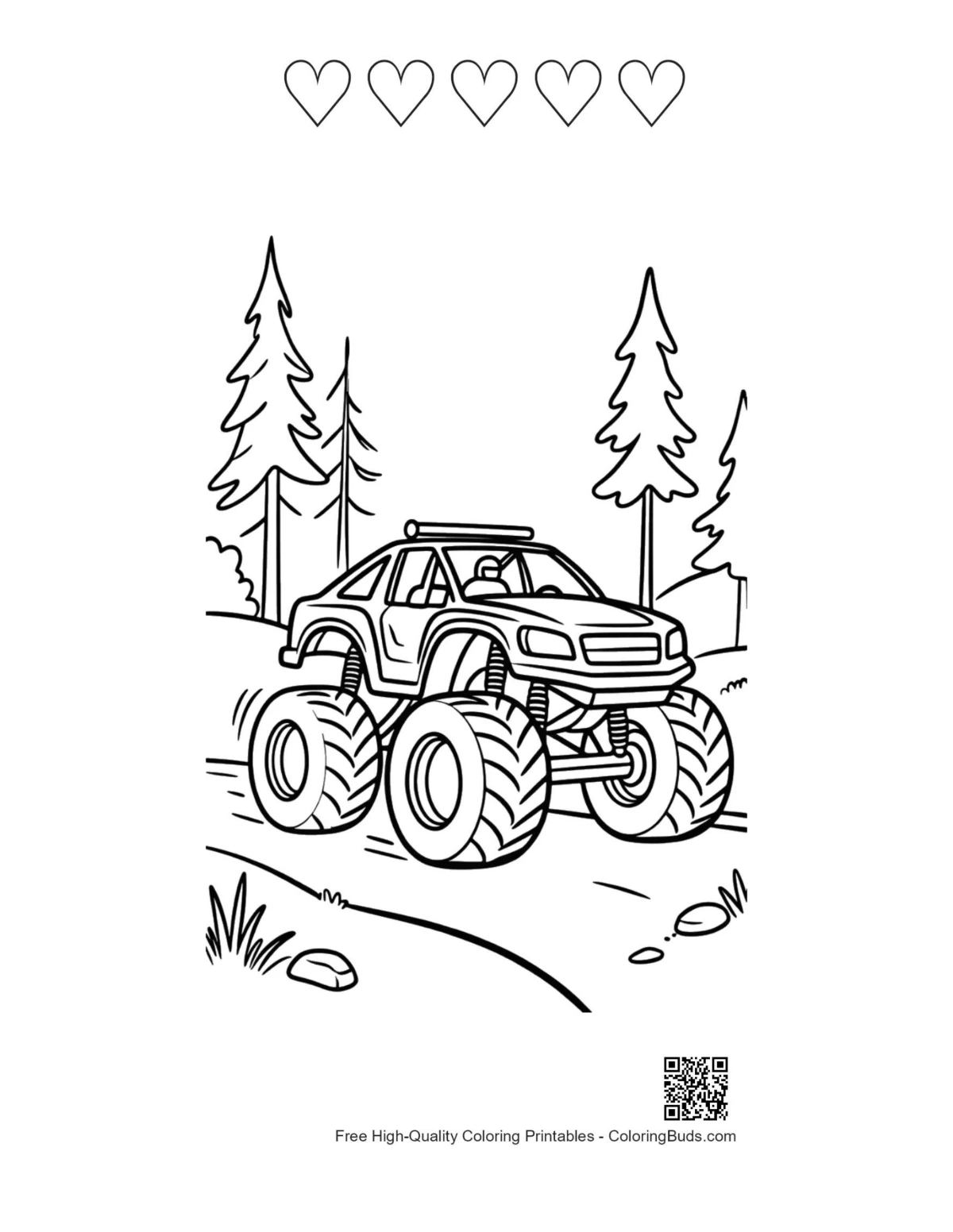 Free Big Wheels printable featuring 5 heart outlines