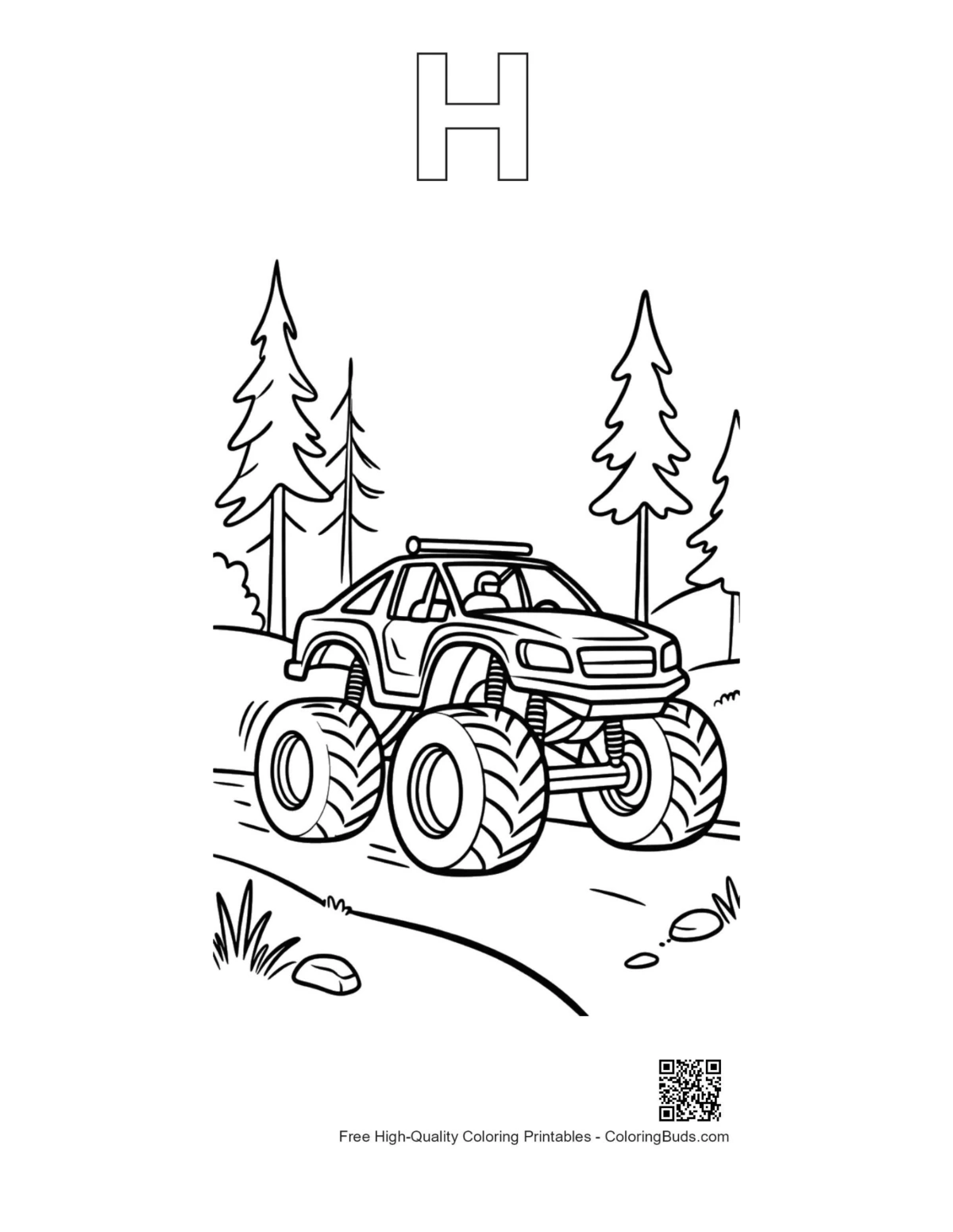 Big Wheels outline with alphabet H printable for kids