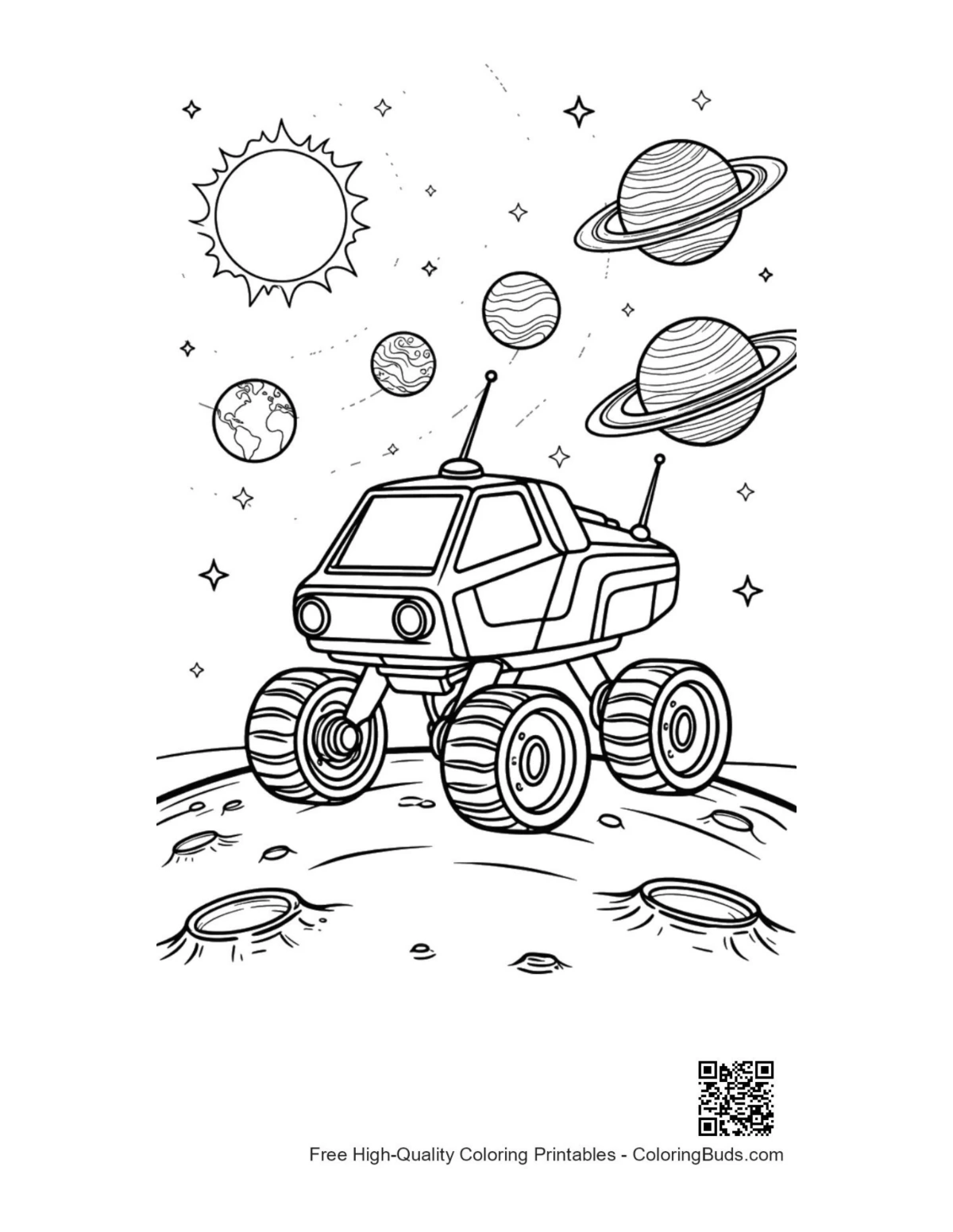 Monster truck exploring space planets coloring page
