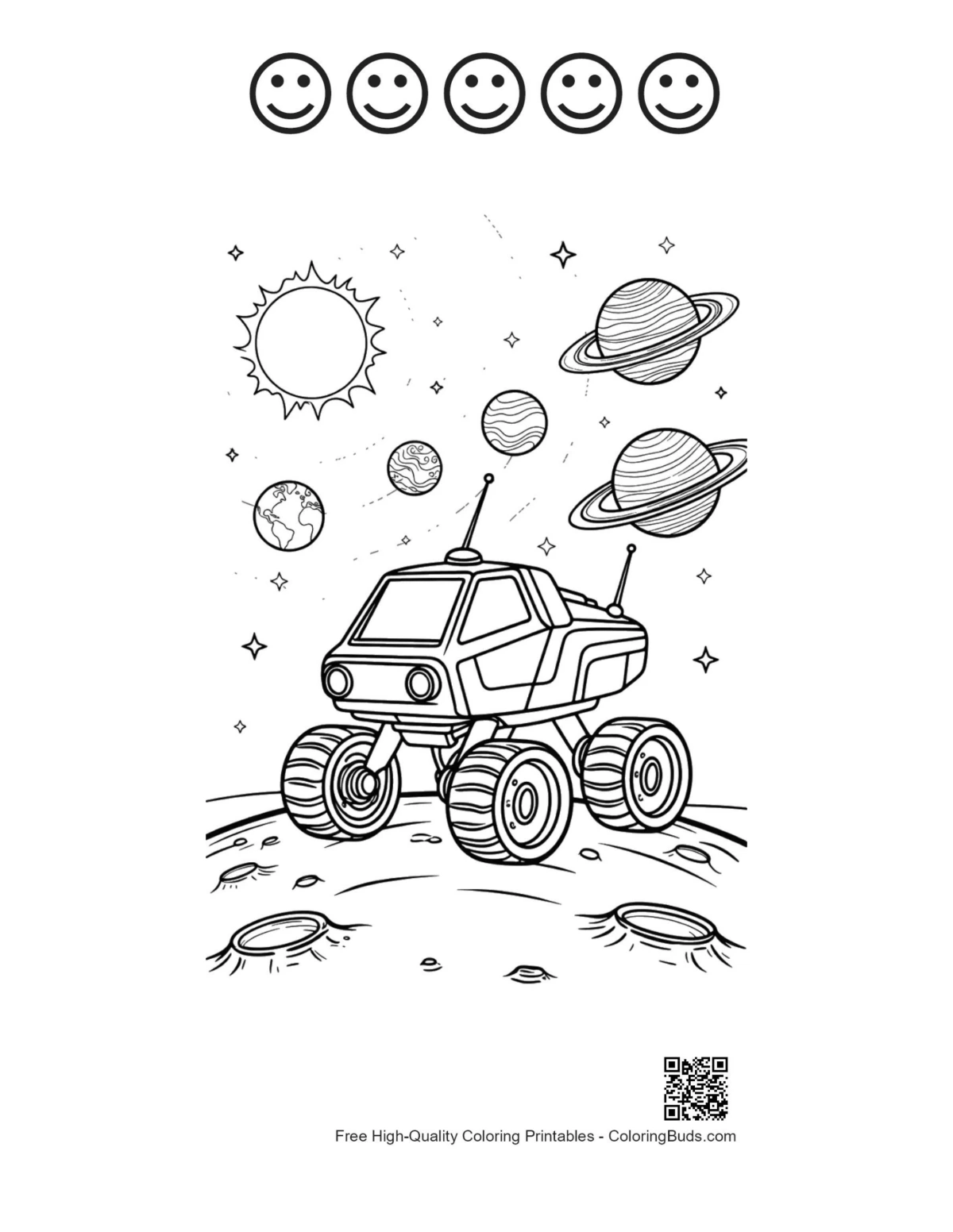 Monster truck space with 5 happy faces outline