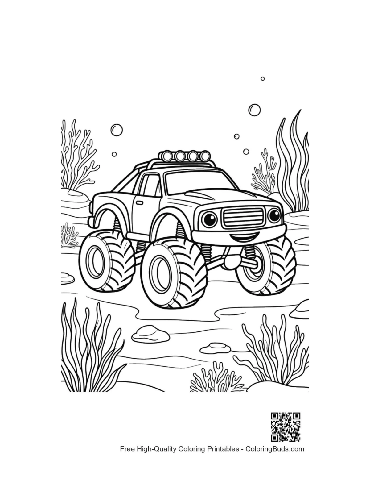 Monster truck underwater ocean coloring page printable