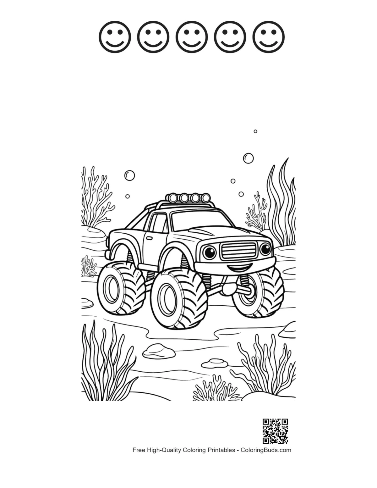 Underwater monster truck with happy faces